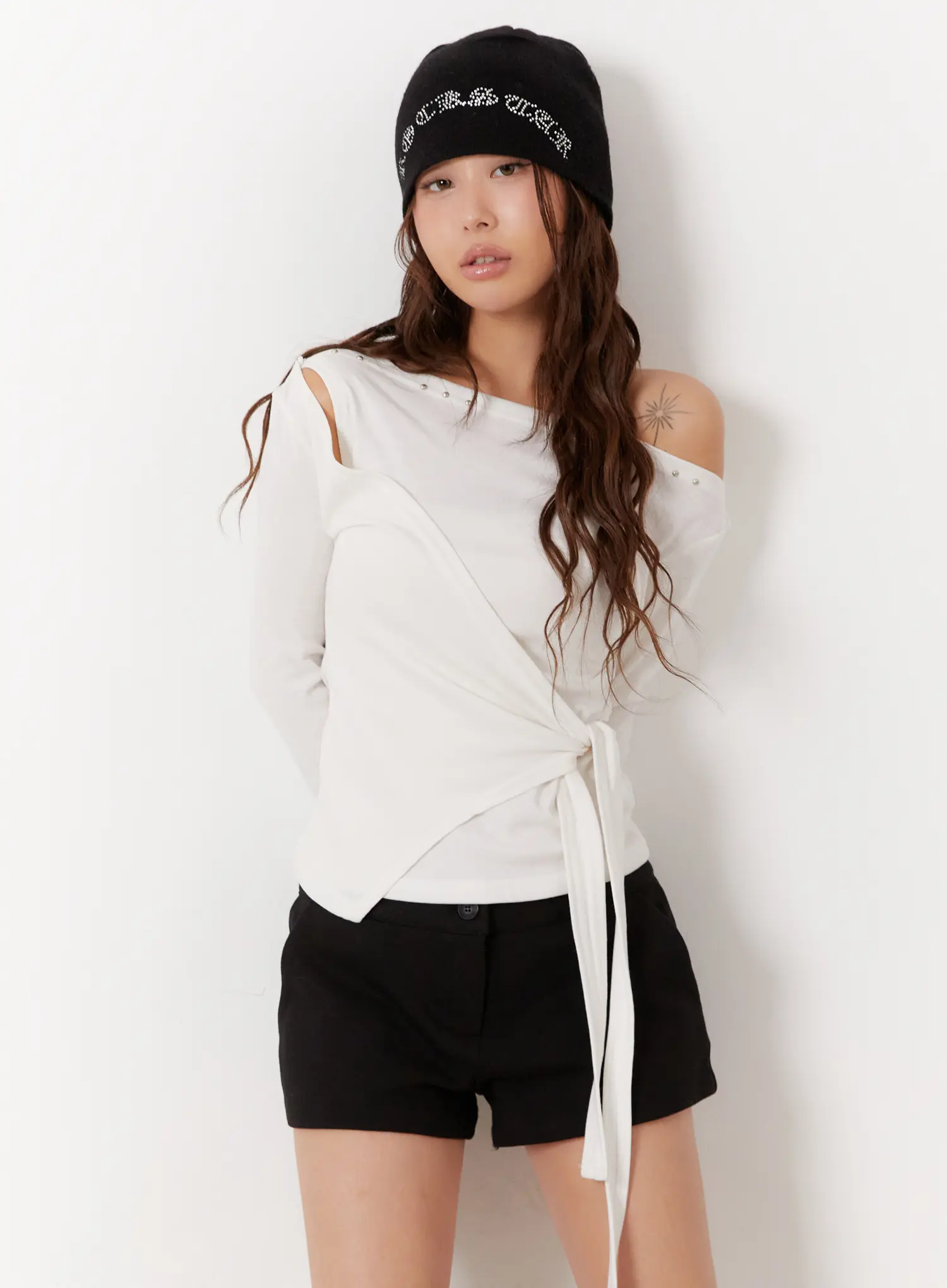 Studded Off-Shoulder Wrap Tie Long Sleeve Top CD515