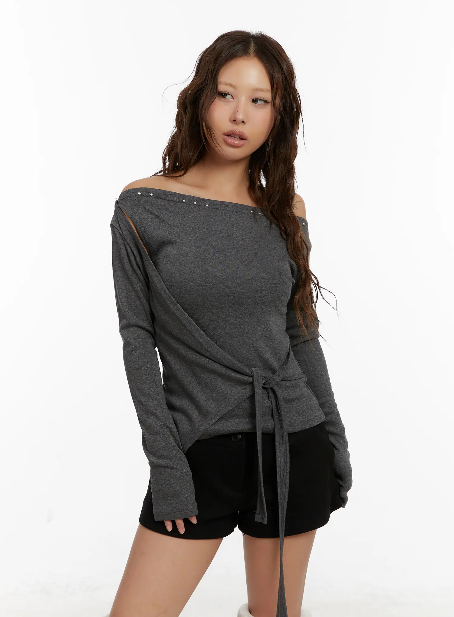 Studded Off-Shoulder Wrap Tie Long Sleeve Top CD515 - Image 10