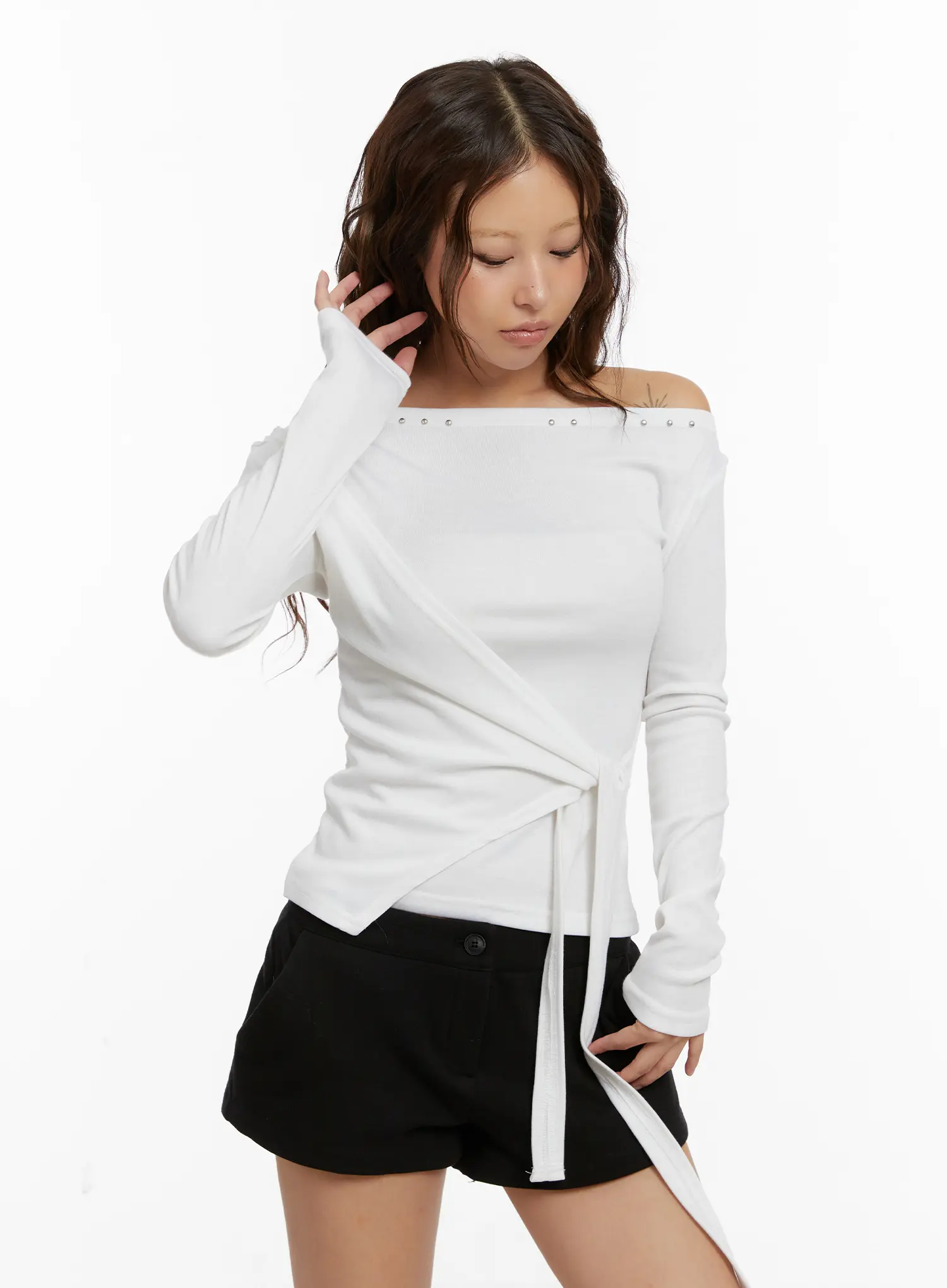 Studded Off-Shoulder Wrap Tie Long Sleeve Top CD515 - Image 2