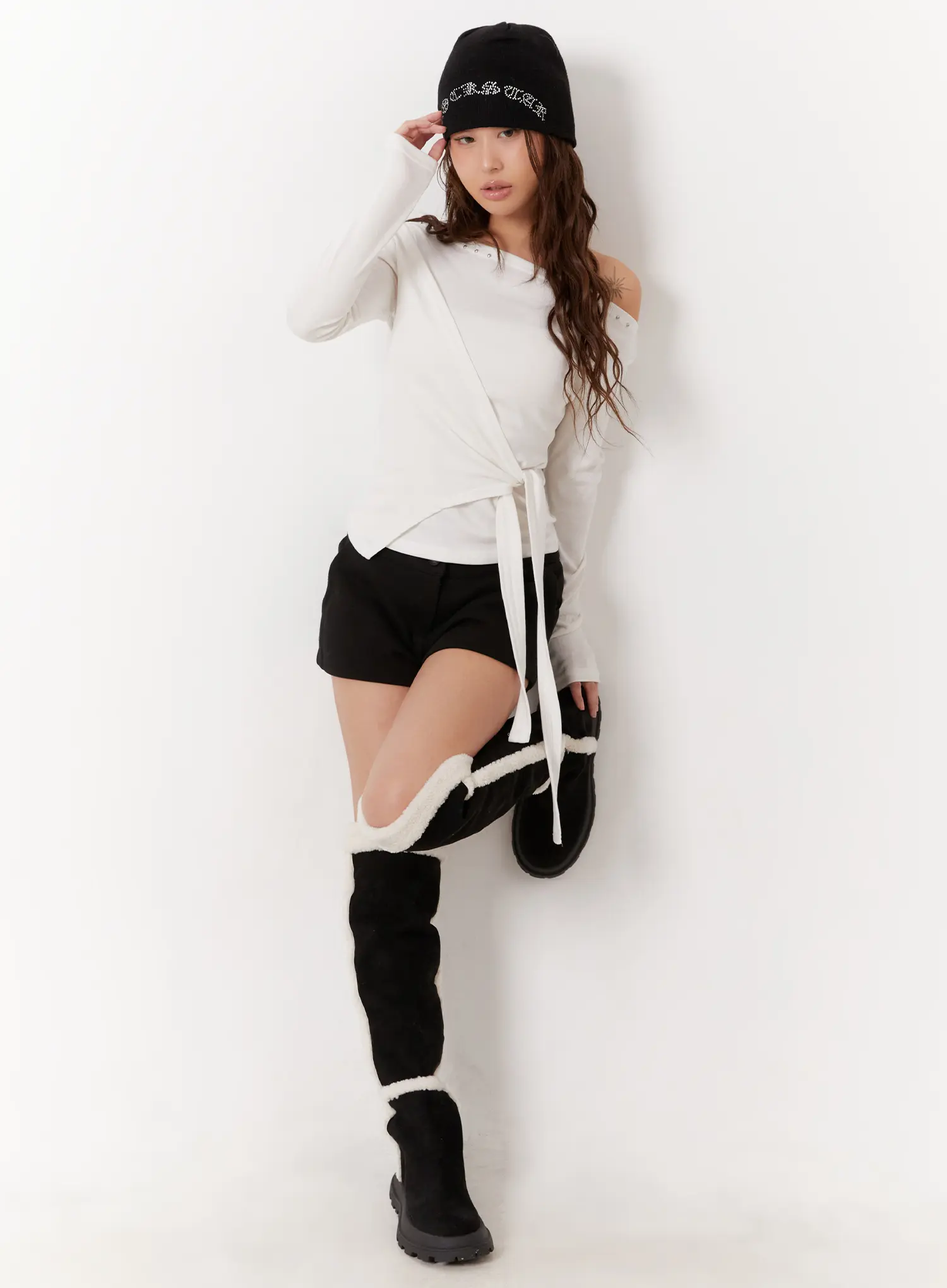 Studded Off-Shoulder Wrap Tie Long Sleeve Top CD515 - Image 3