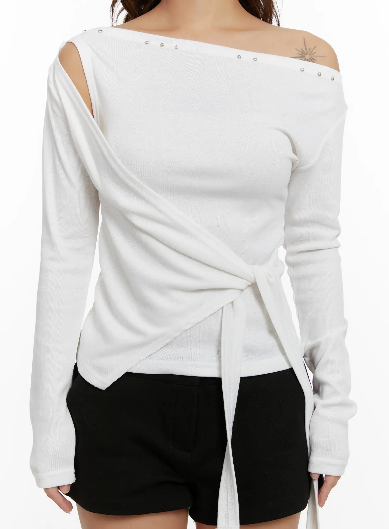 Studded Off-Shoulder Wrap Tie Long Sleeve Top CD515 - Image 4