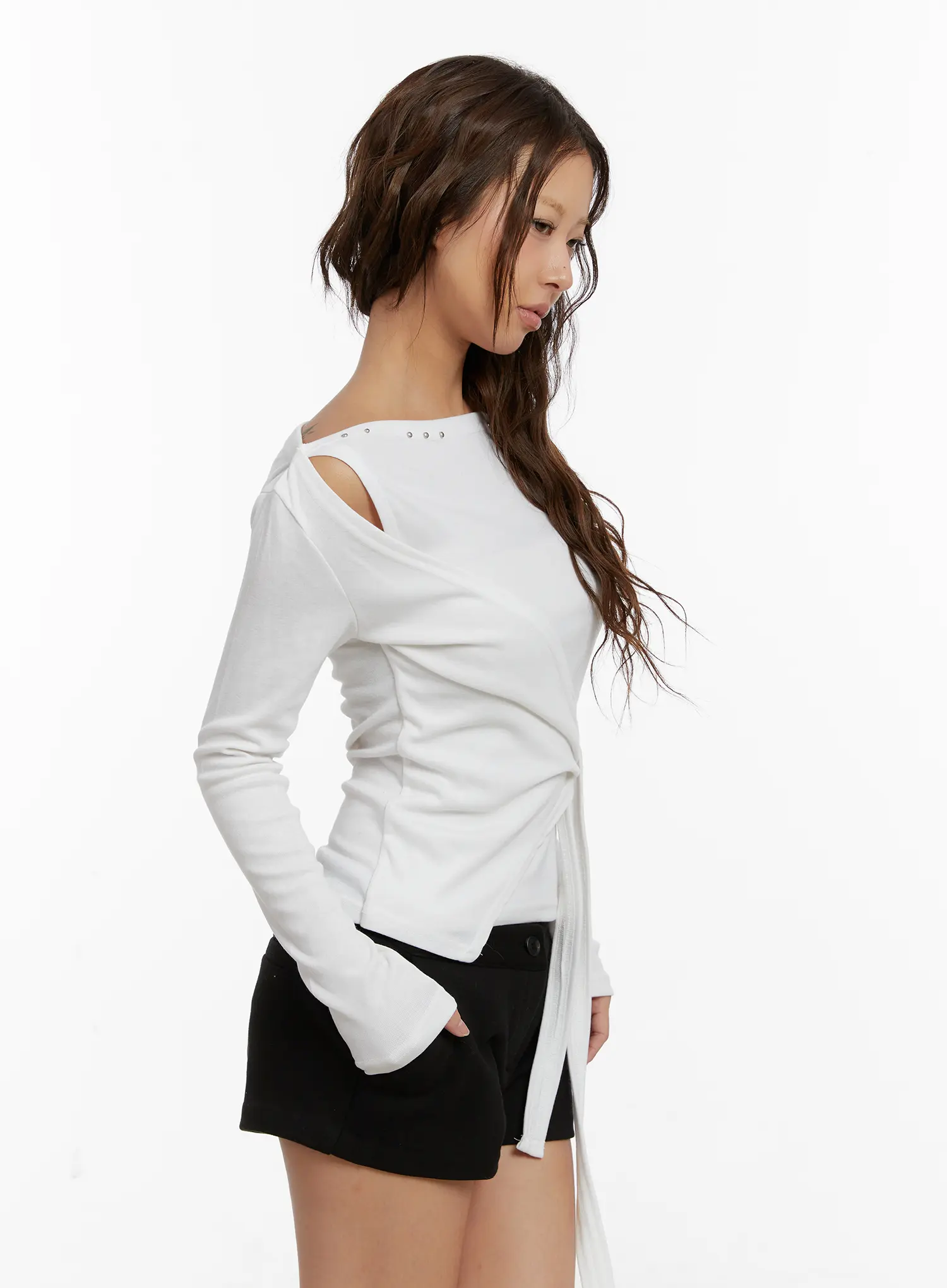 Studded Off-Shoulder Wrap Tie Long Sleeve Top CD515 - Image 6