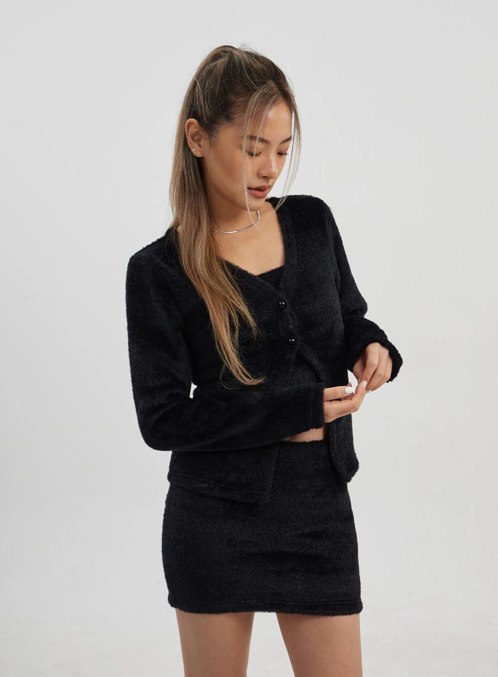 Teddy Cardigan Tube Top And Mini Skirt Set CJ325 - Image 5