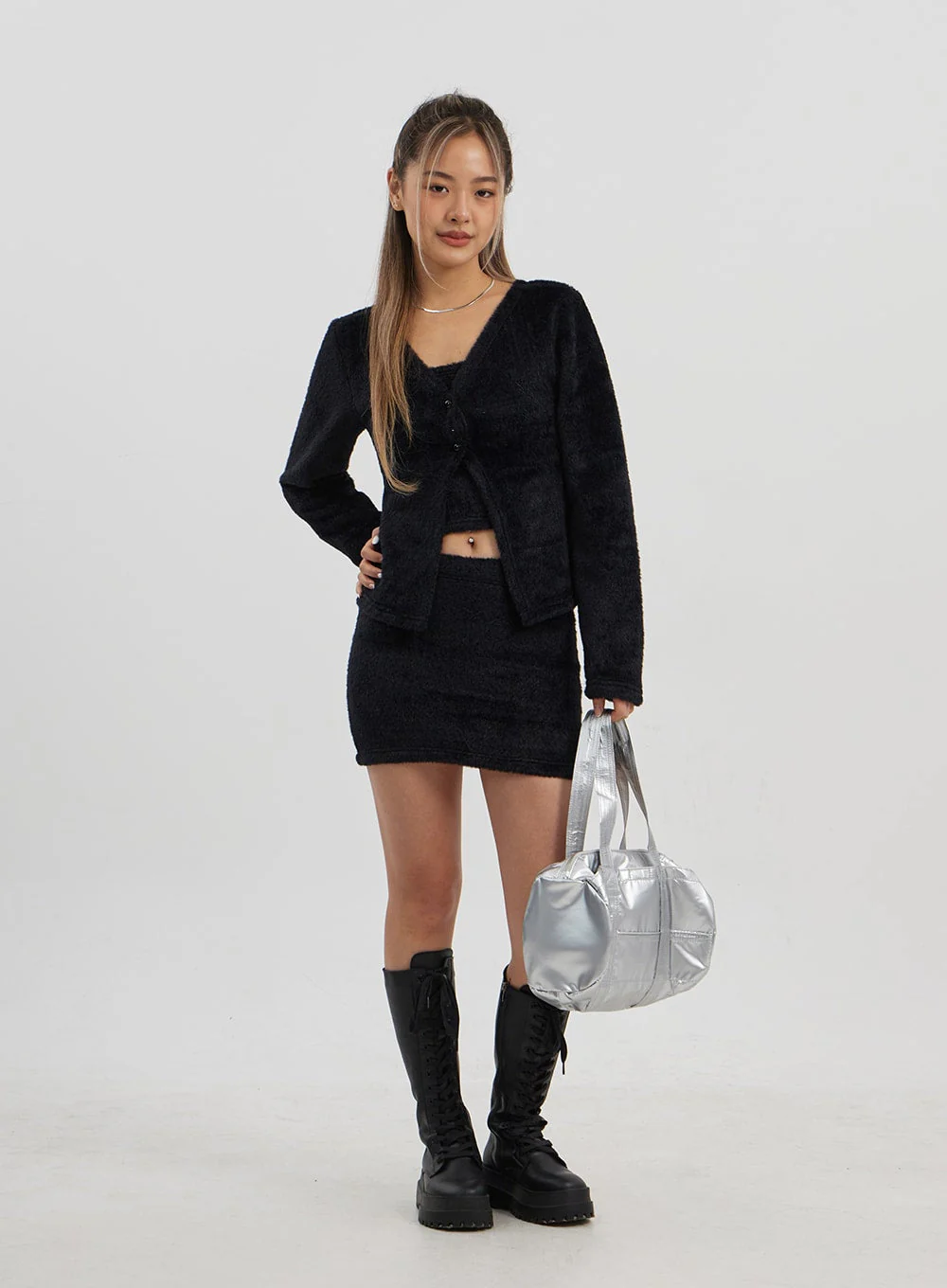 Teddy Cardigan Tube Top And Mini Skirt Set CJ325 - Image 8
