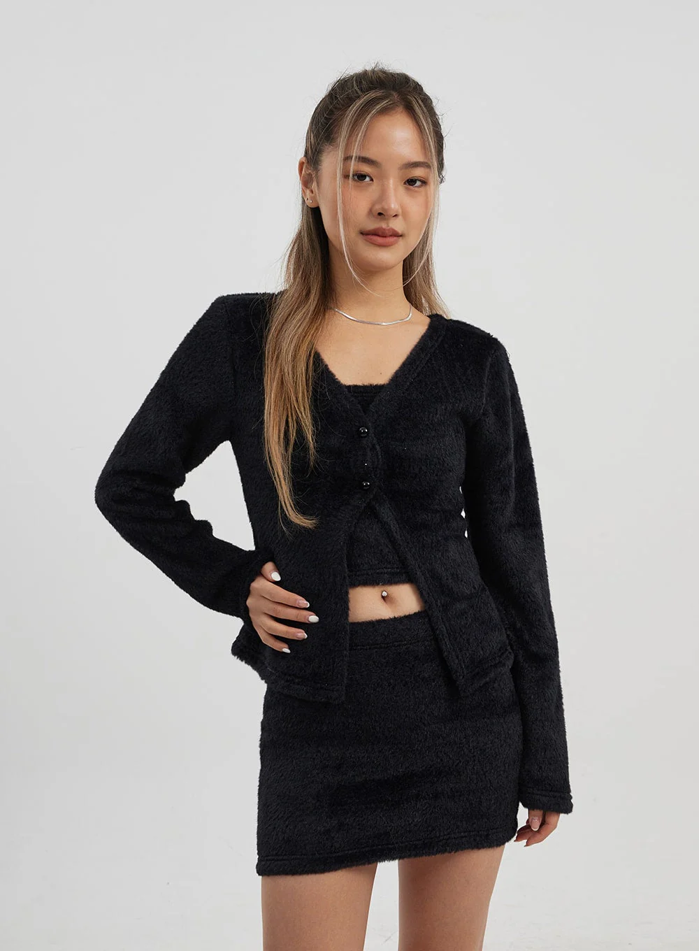 Teddy Cardigan Tube Top And Mini Skirt Set CJ325 - Image 9