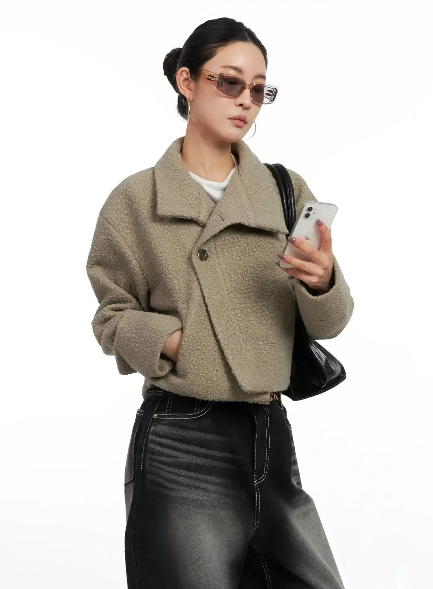 Textured Asymmetrical Button Coat IN528