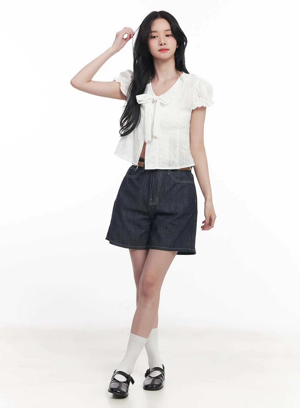 Tie Puff-Sleeve Crop Blouse Top CY526 - Image 2