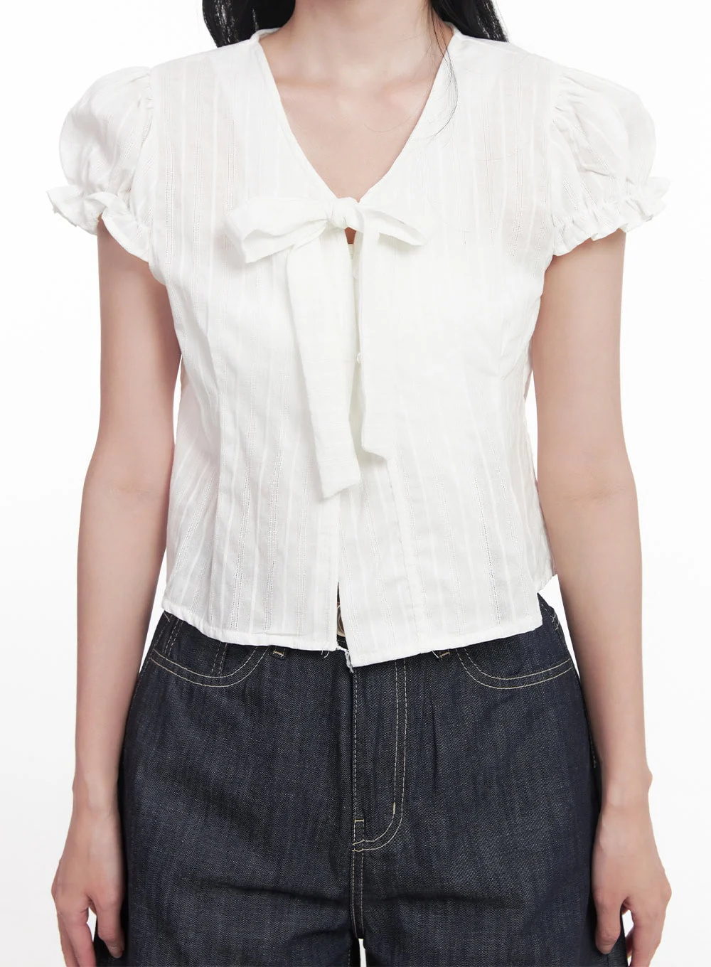 Tie Puff-Sleeve Crop Blouse Top CY526 - Image 7