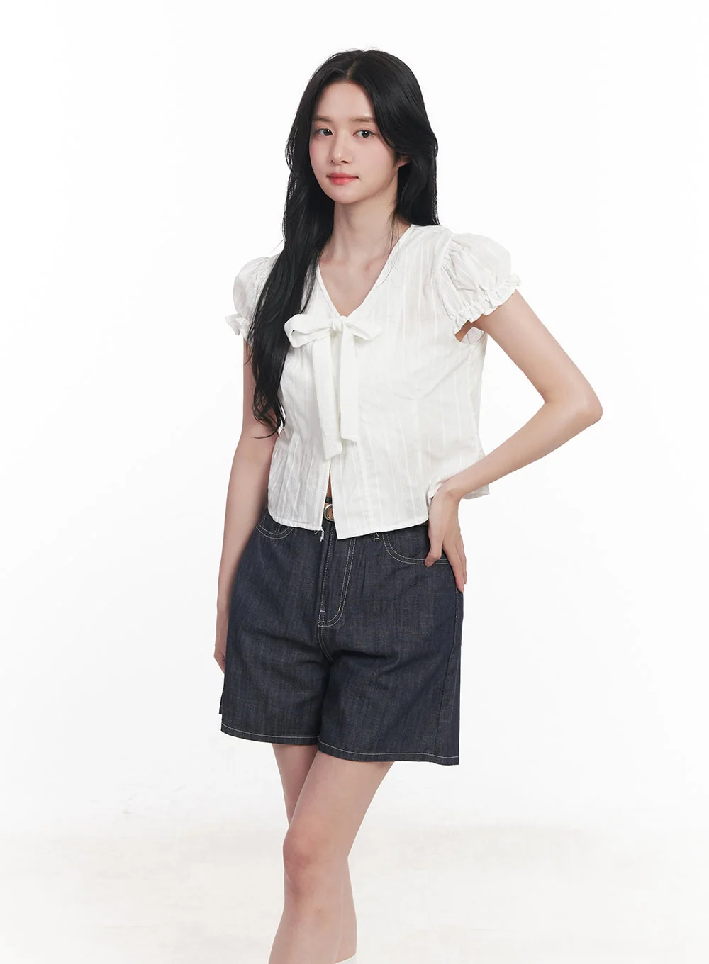 Tie Puff-Sleeve Crop Blouse Top CY526 - Image 8