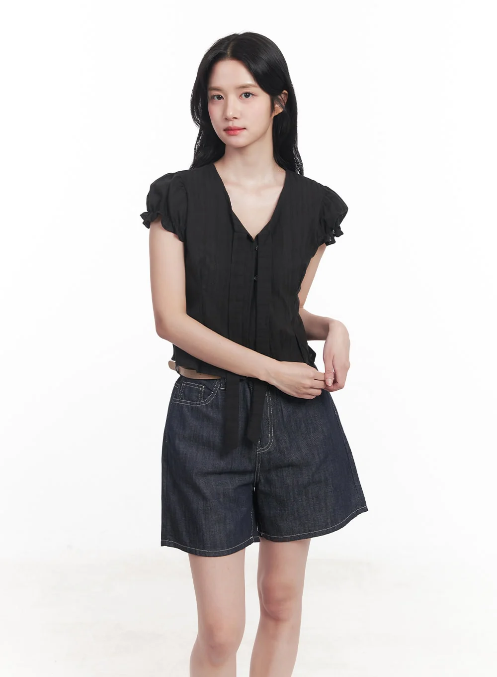 Tie Puff-Sleeve Crop Blouse Top CY526 - Image 9