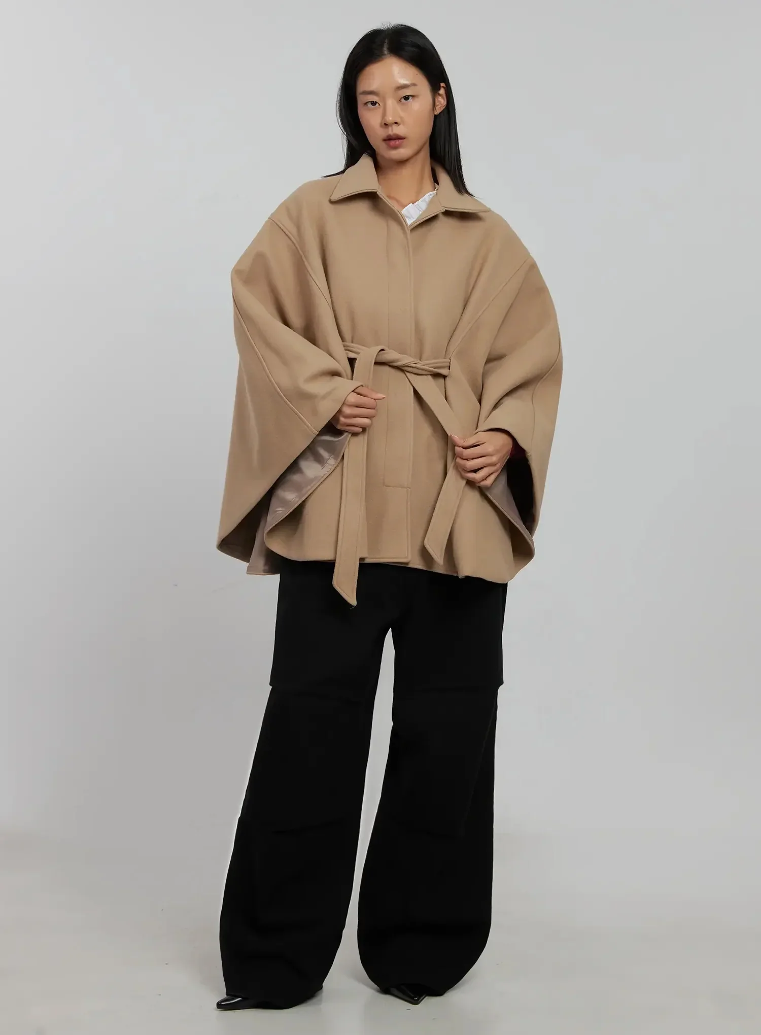 Tie Waist Cape Coat IJ509 - Image 13
