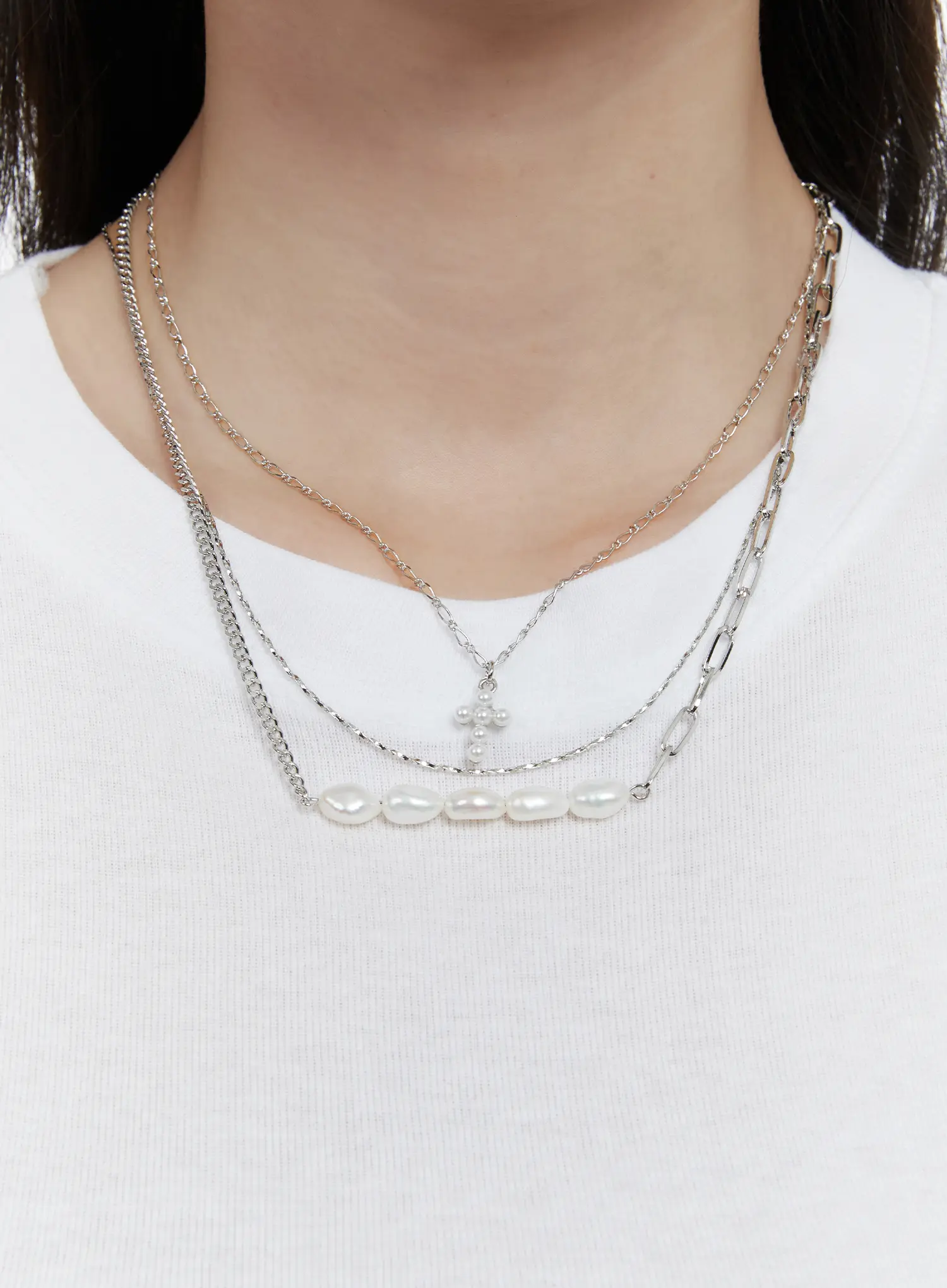 Triple Layer Faux Pearl Cross Necklace F502