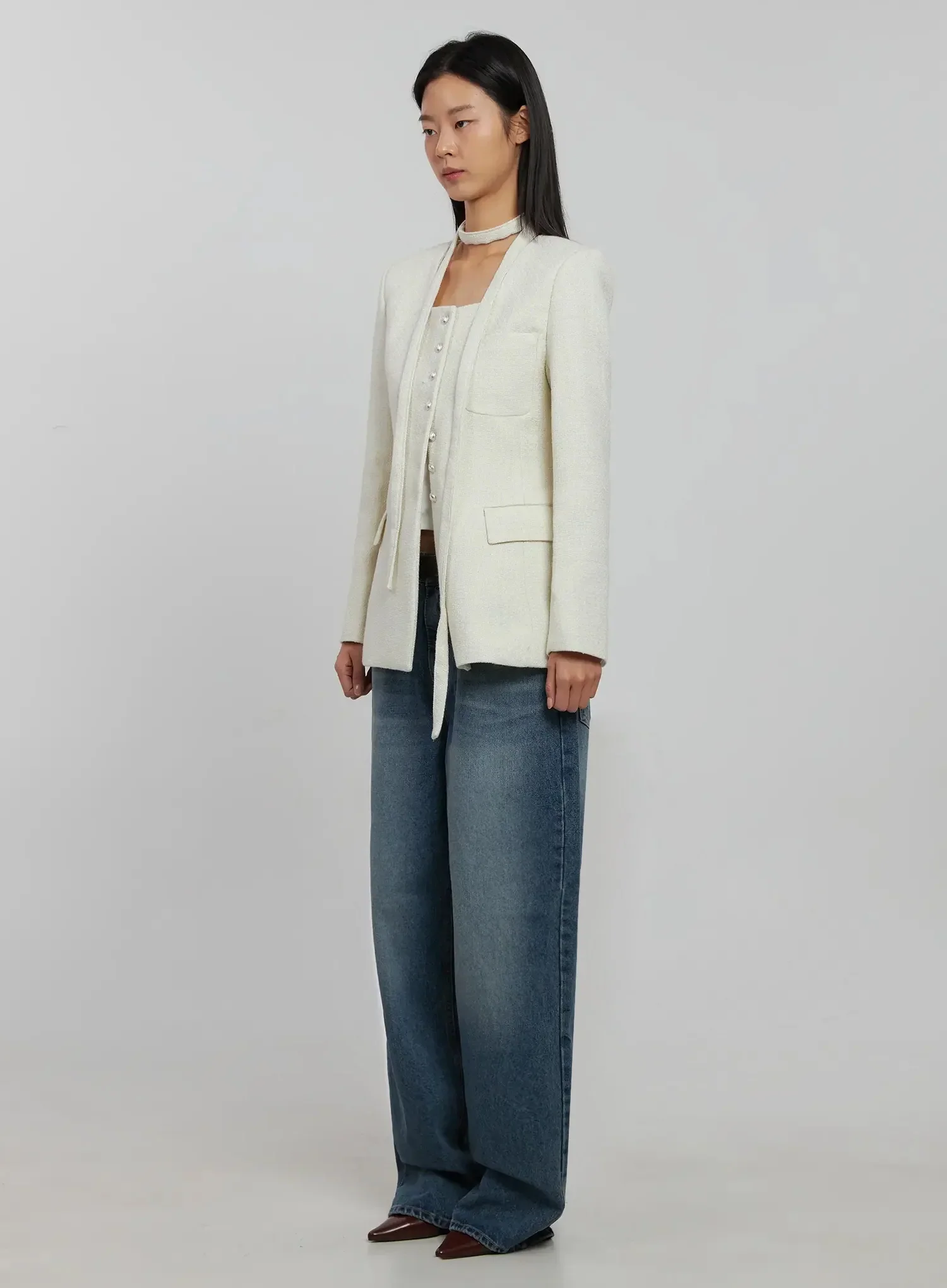 Tweed Square Neck Jacket Scarf Set IJ508 - Image 10