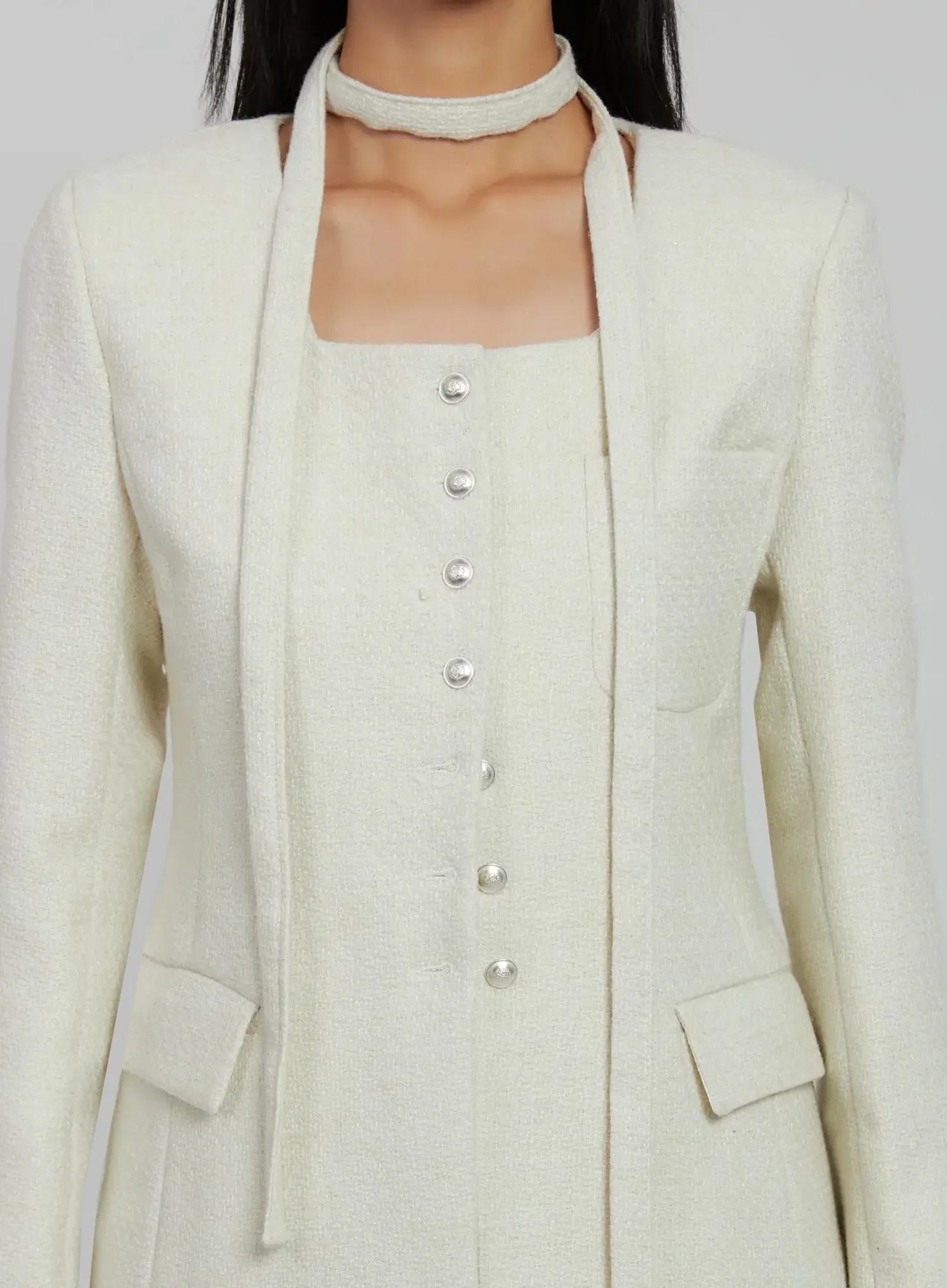 Tweed Square Neck Jacket Scarf Set IJ508 - Image 4