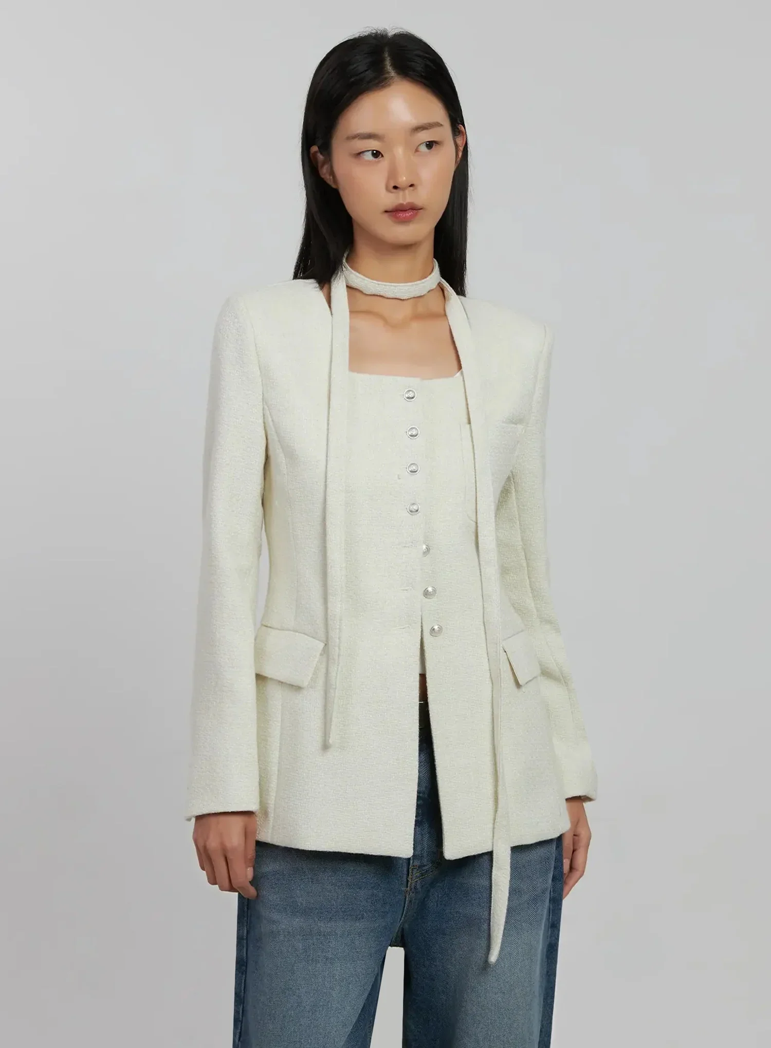 Tweed Square Neck Jacket Scarf Set IJ508 - Image 5