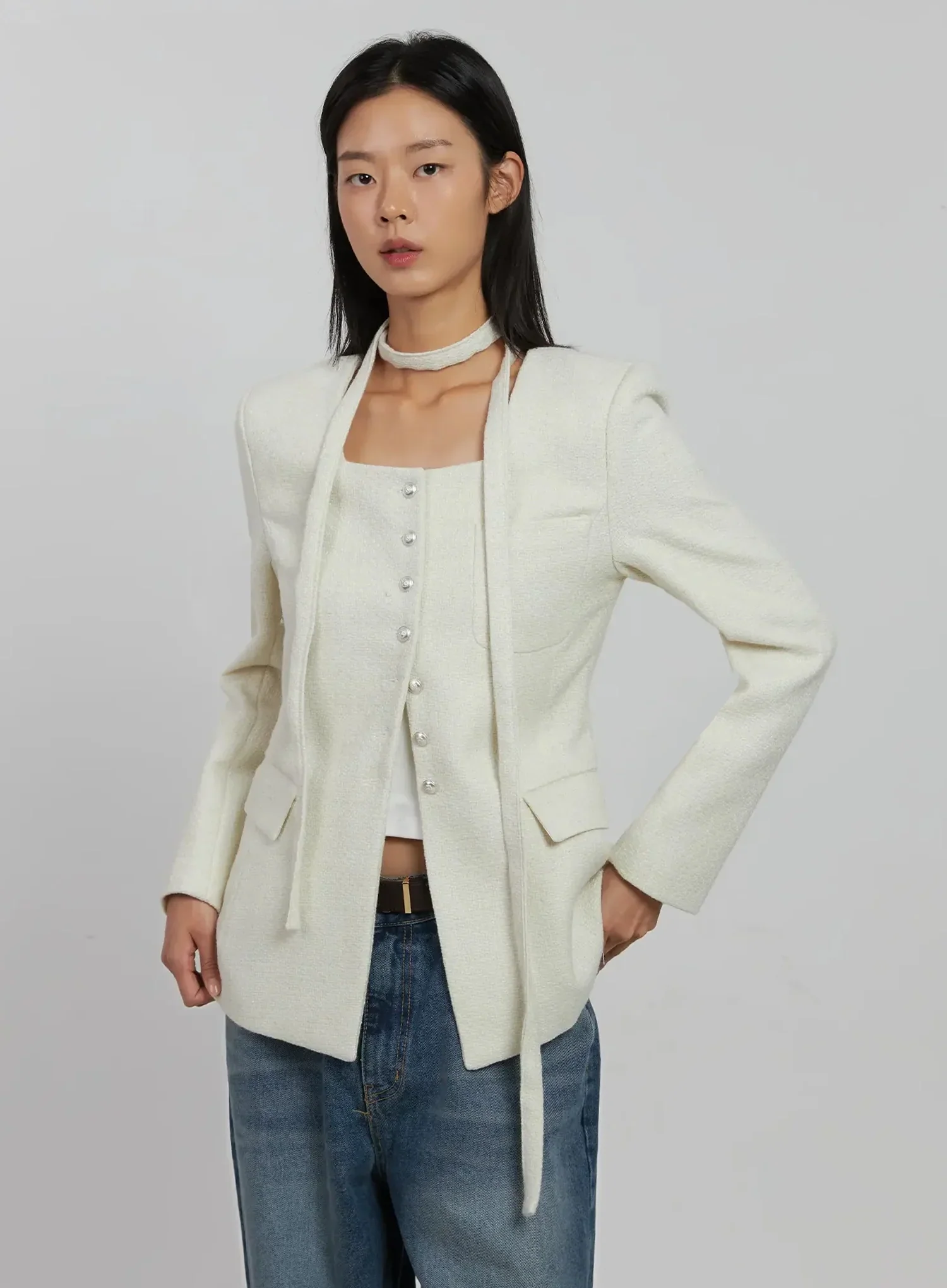 Tweed Square Neck Jacket Scarf Set IJ508 - Image 6