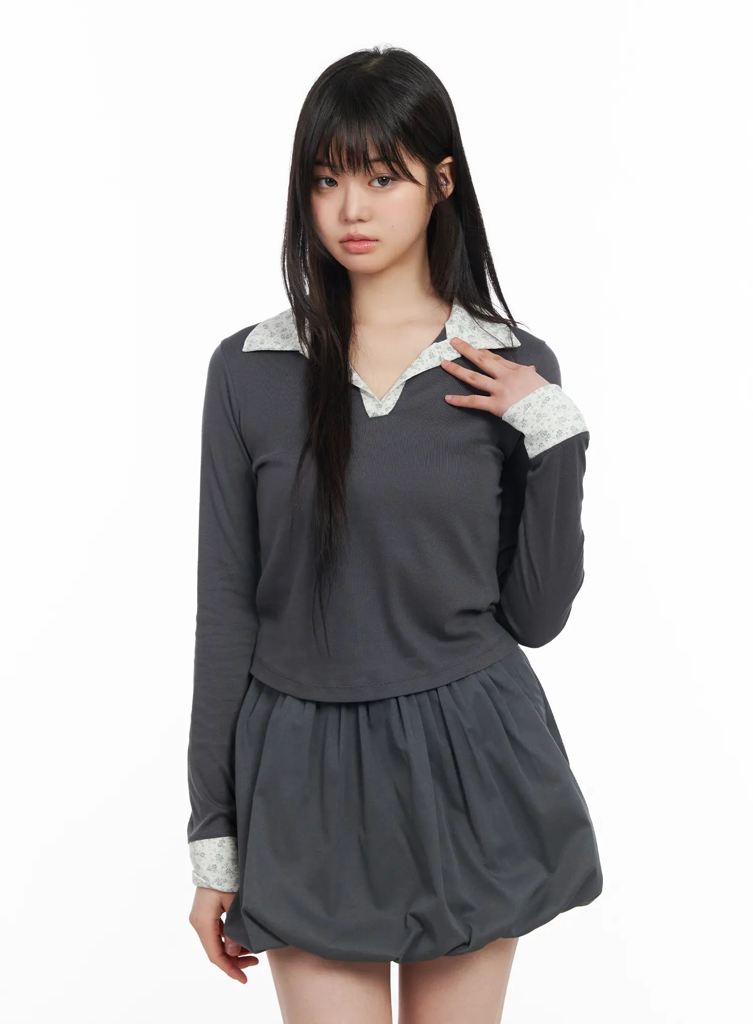 Two-Tone Collar Floral Long Sleeve Tee CM513 - Image 11