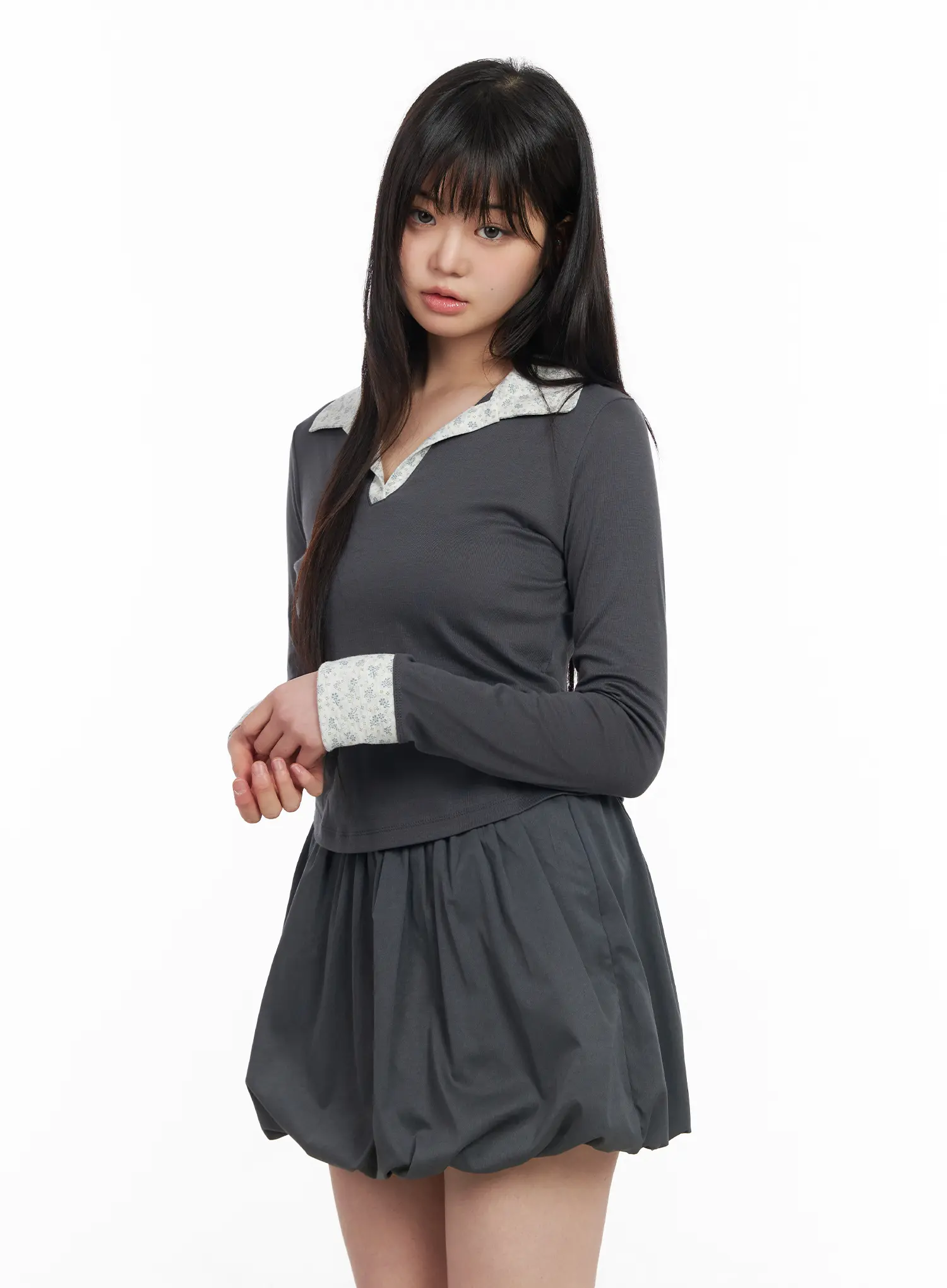 Two-Tone Collar Floral Long Sleeve Tee CM513 - Image 2