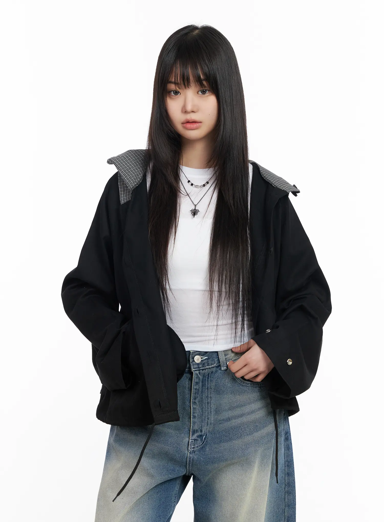 Two-Tone Short Trench Hooded Jacket CM512 - Image 11