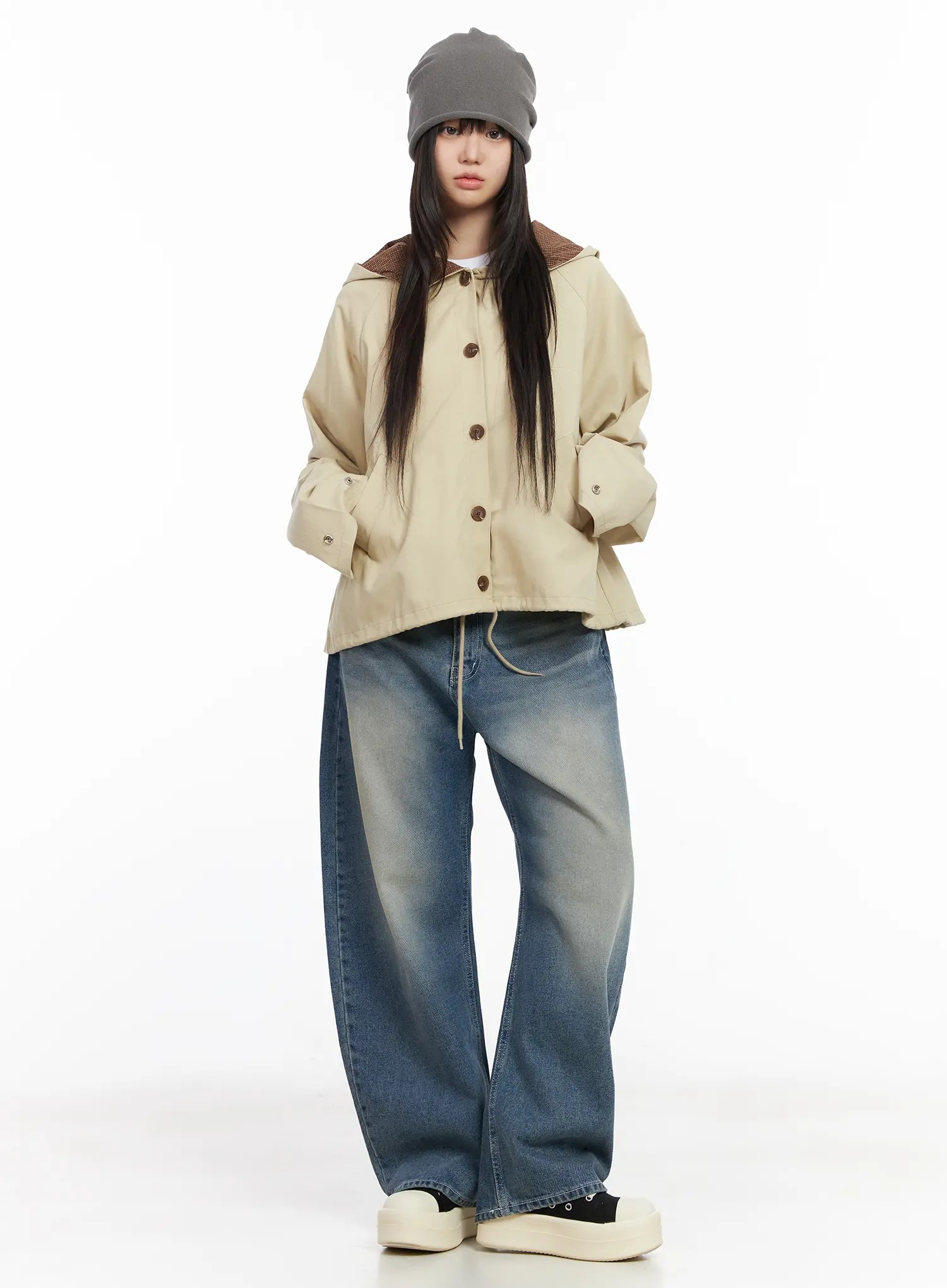Two-Tone Short Trench Hooded Jacket CM512 - Image 3