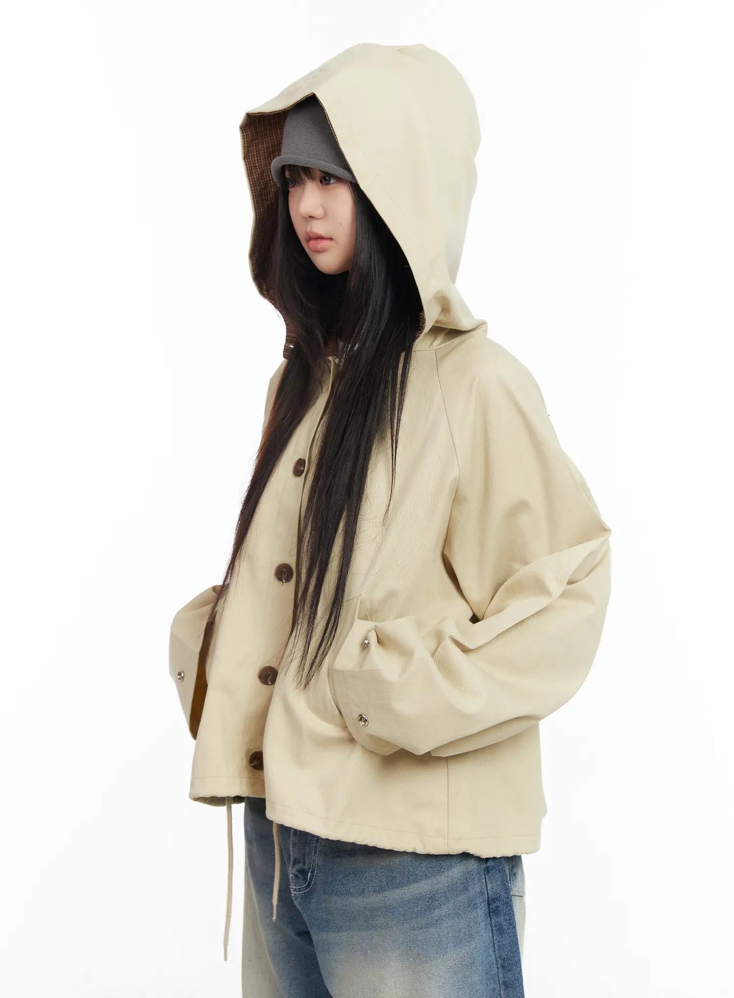 Two-Tone Short Trench Hooded Jacket CM512 - Image 8