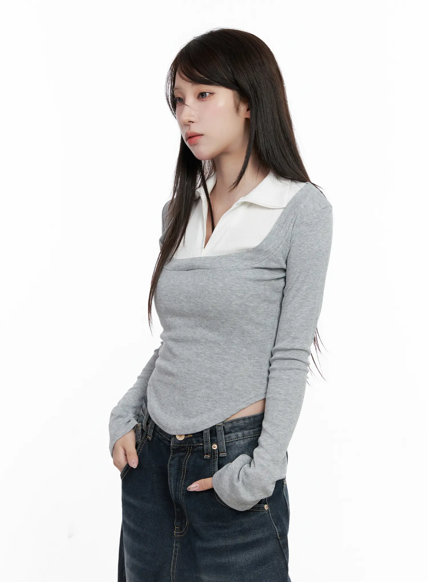 Two-Tone Square Neck Long Sleeve Top CO521 - Image 2
