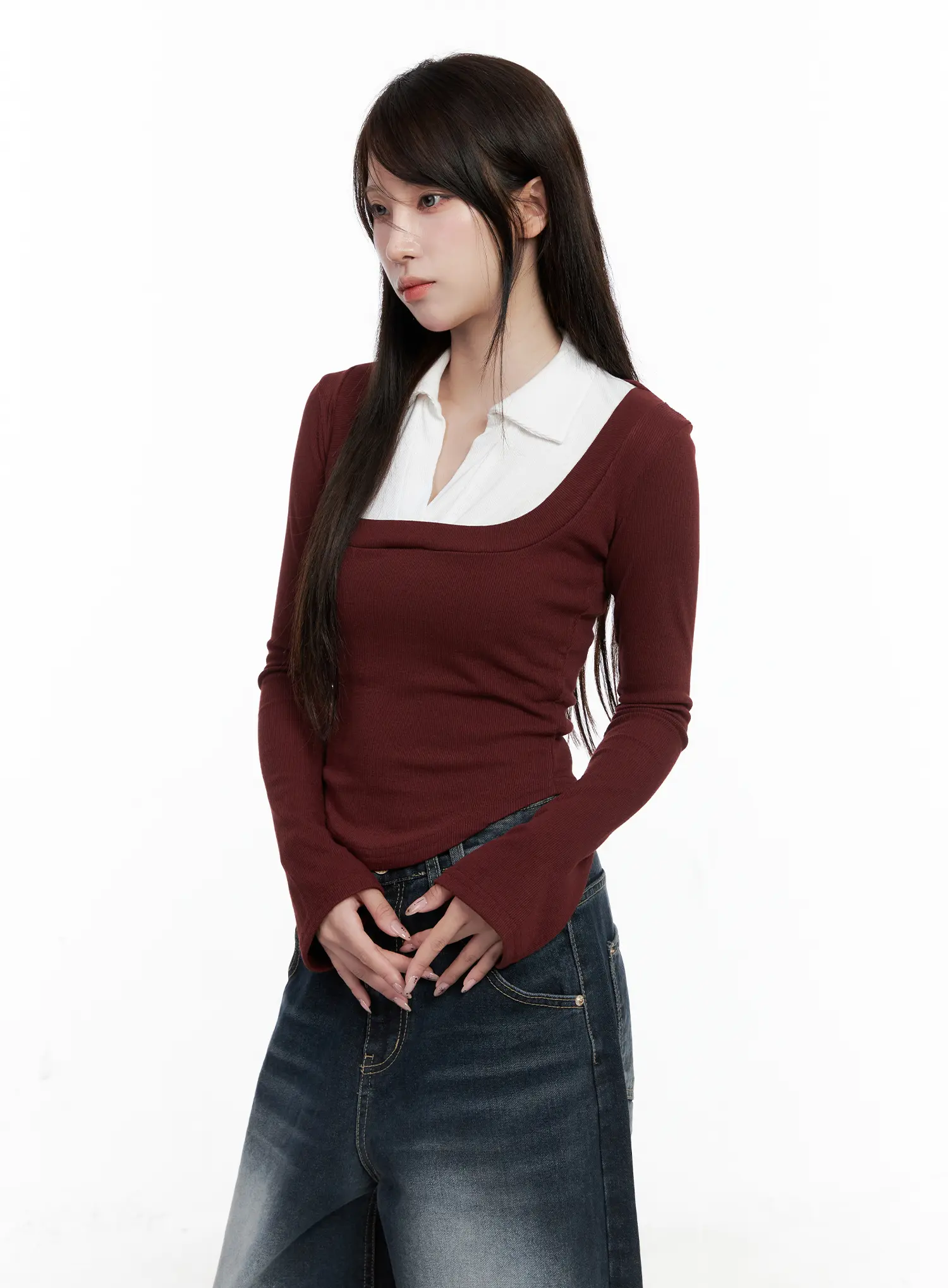 Two-Tone Square Neck Long Sleeve Top CO521 - Image 6