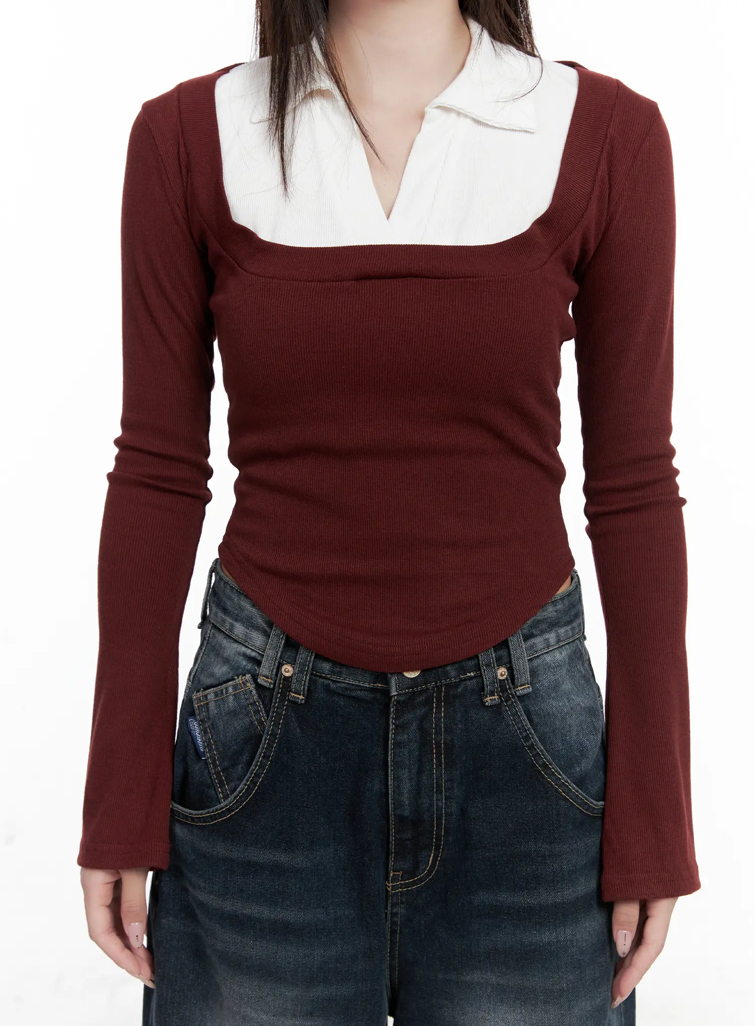 Two-Tone Square Neck Long Sleeve Top CO521 - Image 7