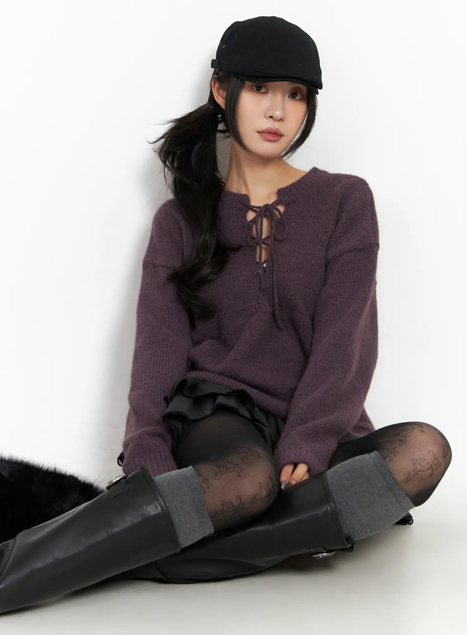 Two-Way Eyelet Lace-Up Knit Sweater CD505