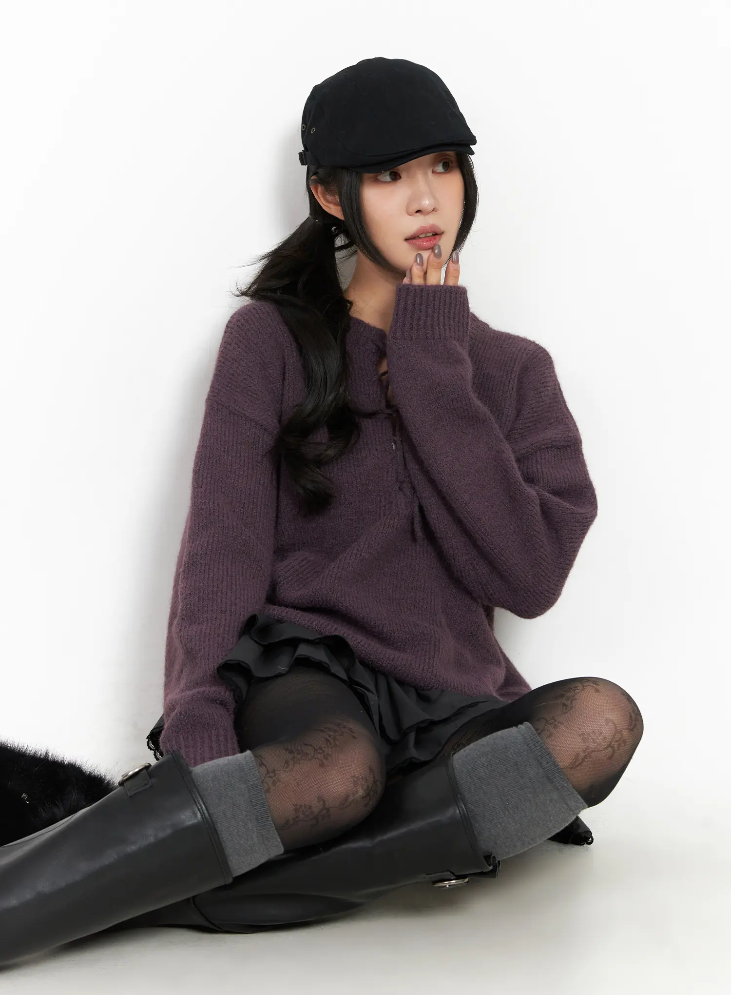Two-Way Eyelet Lace-Up Knit Sweater CD505 - Image 2