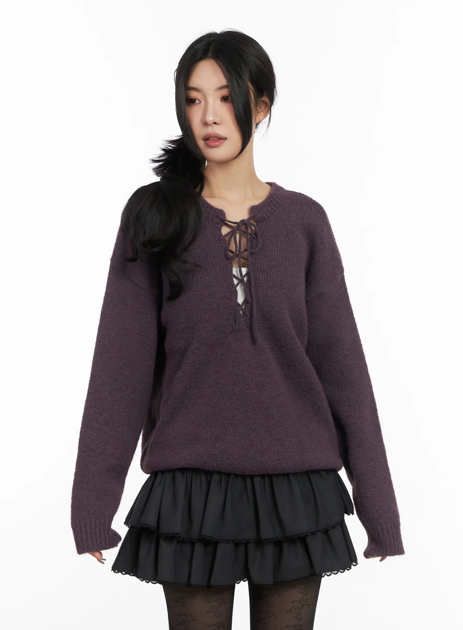 Two-Way Eyelet Lace-Up Knit Sweater CD505 - Image 5