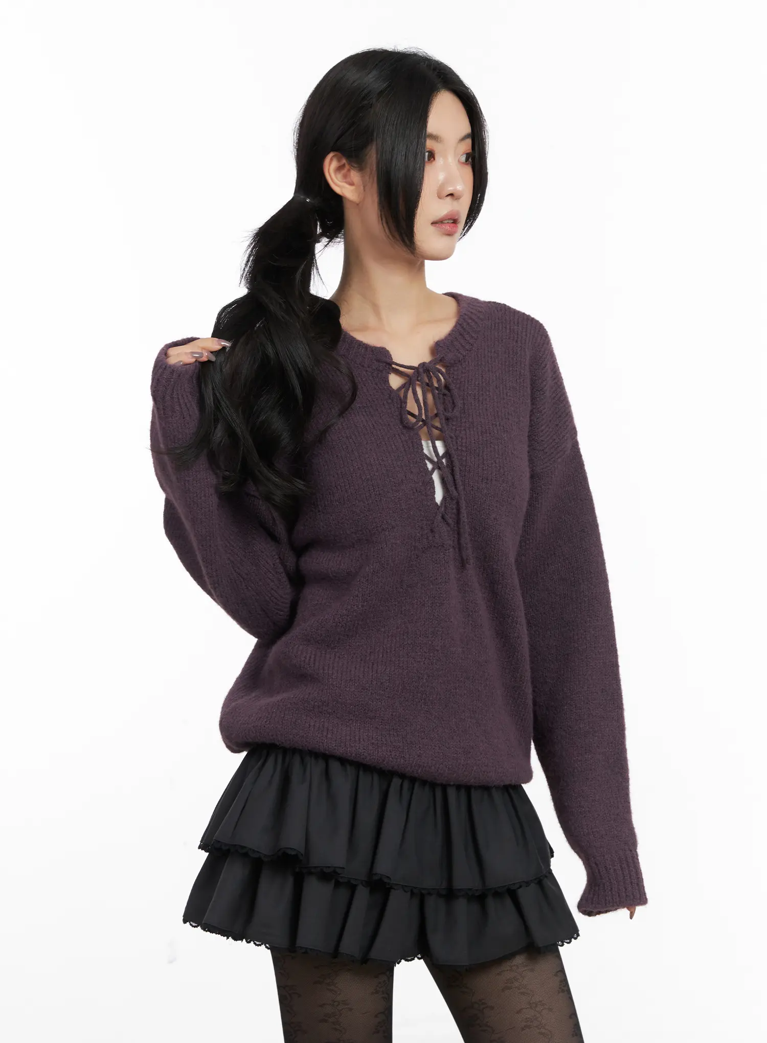 Two-Way Eyelet Lace-Up Knit Sweater CD505 - Image 7