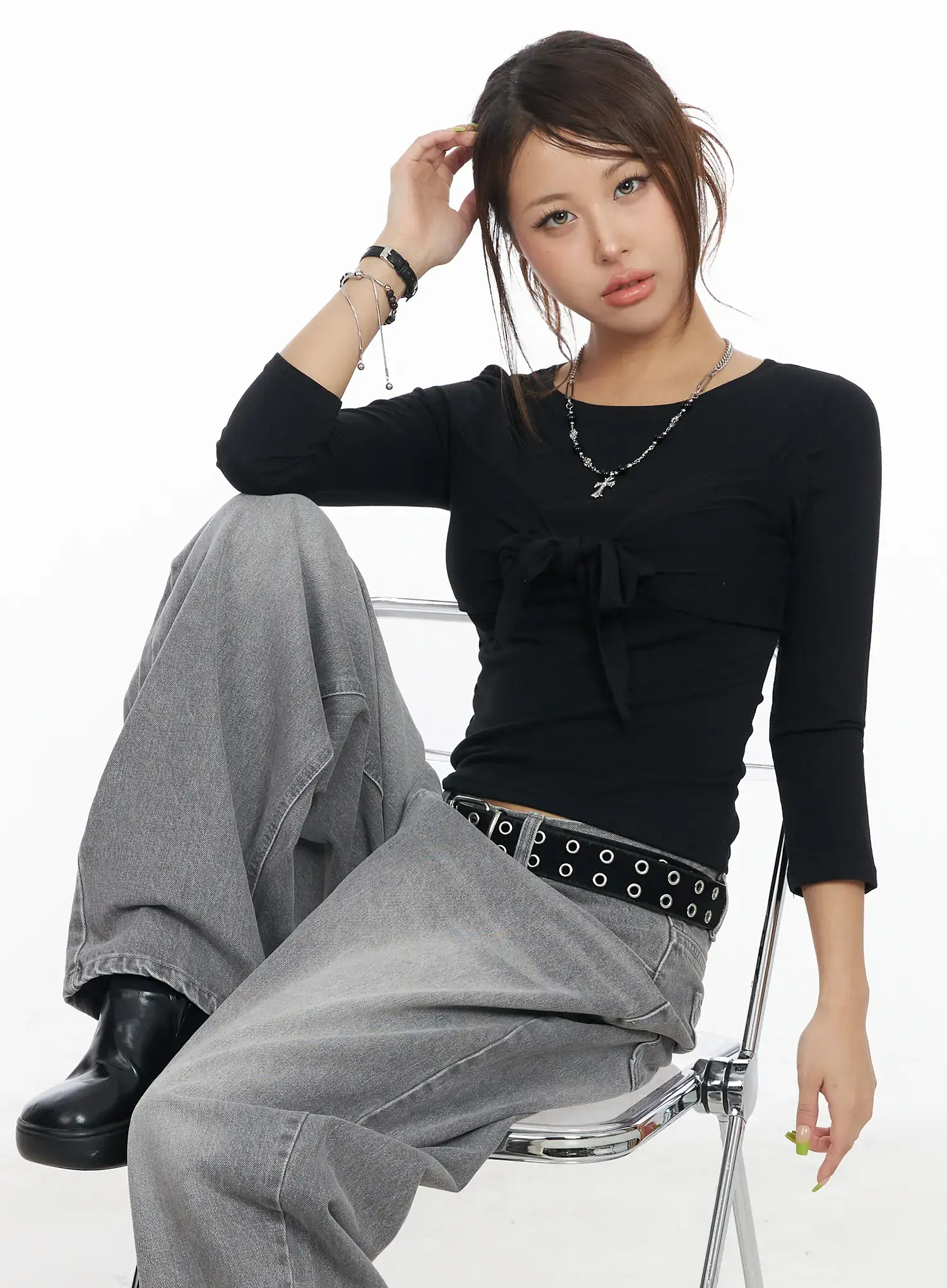 U-Neck Ribbon Tie 3/4 Sleeve Top CF511