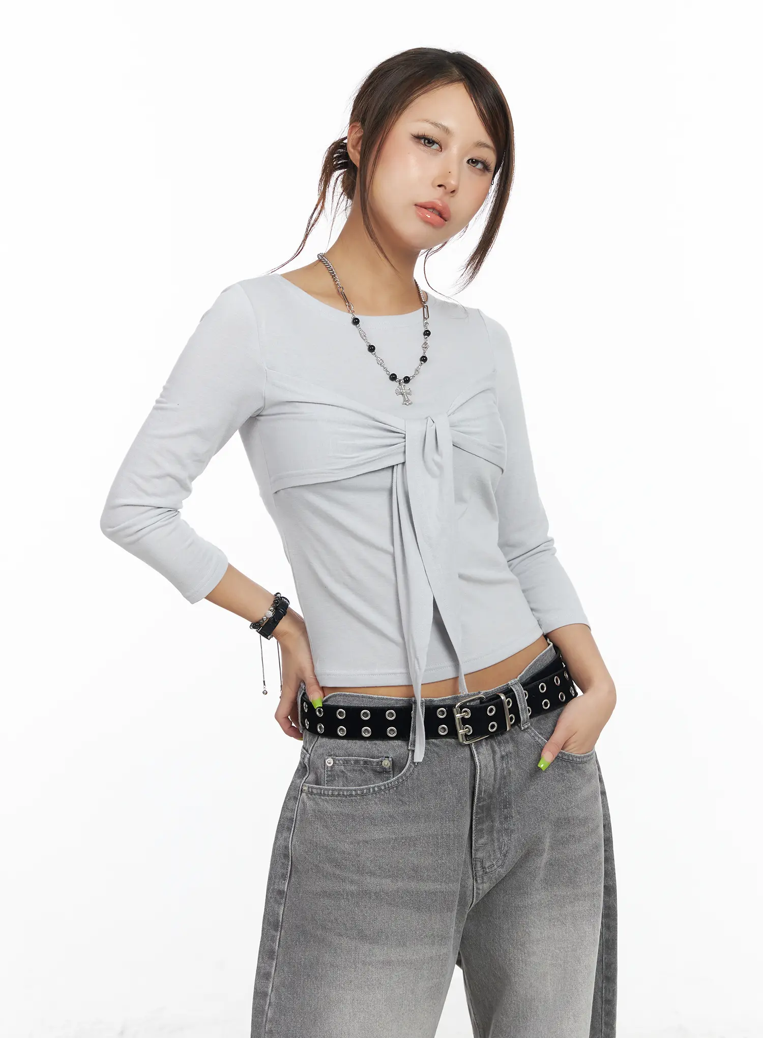 U-Neck Ribbon Tie 3/4 Sleeve Top CF511 - Image 2