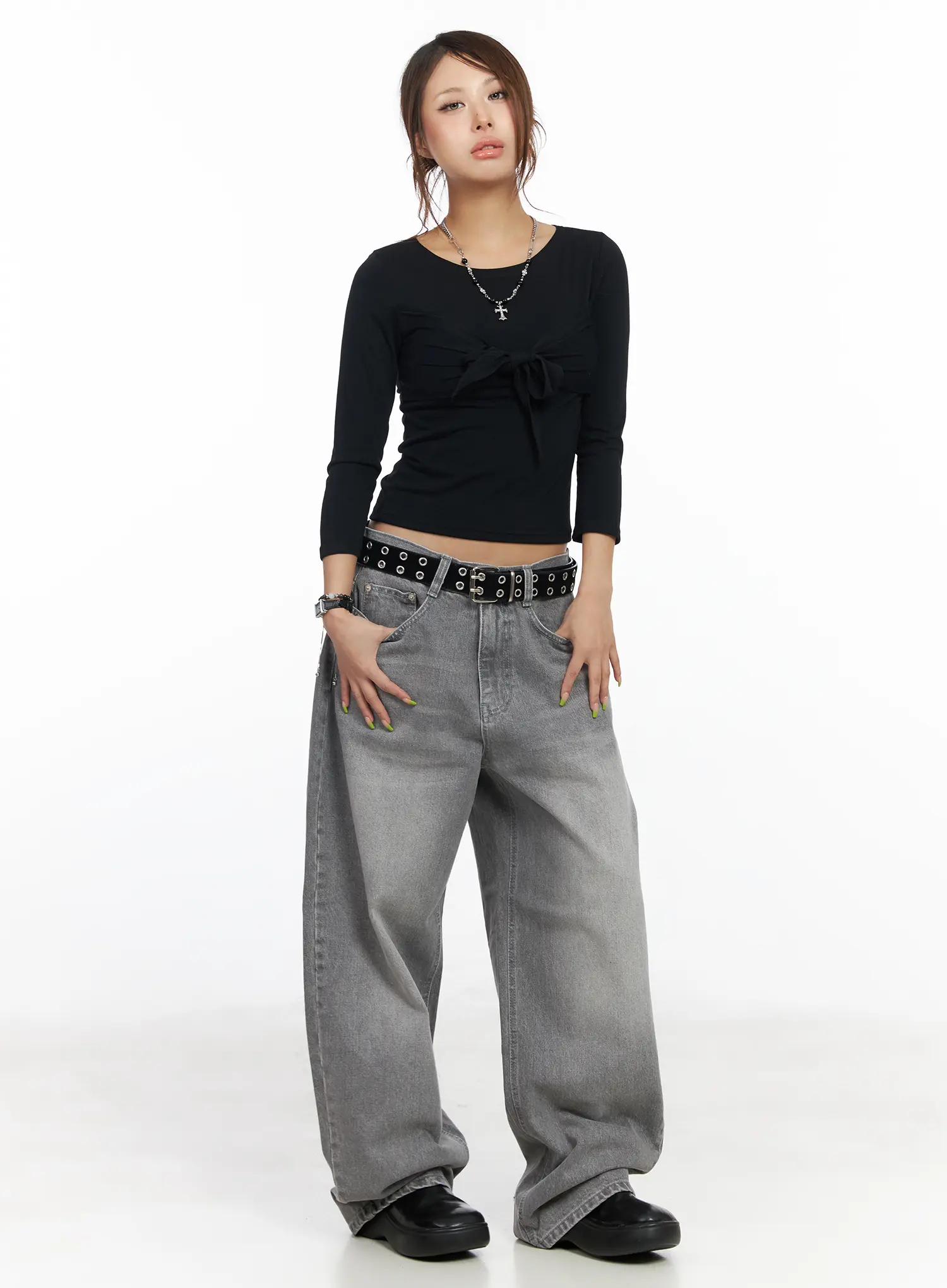 U-Neck Ribbon Tie 3/4 Sleeve Top CF511 - Image 3