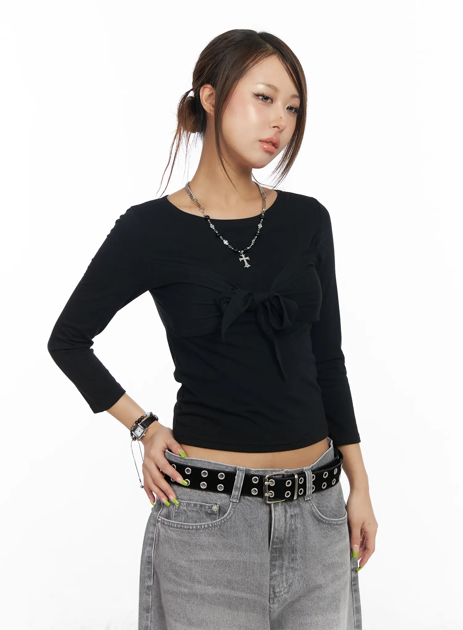 U-Neck Ribbon Tie 3/4 Sleeve Top CF511 - Image 5
