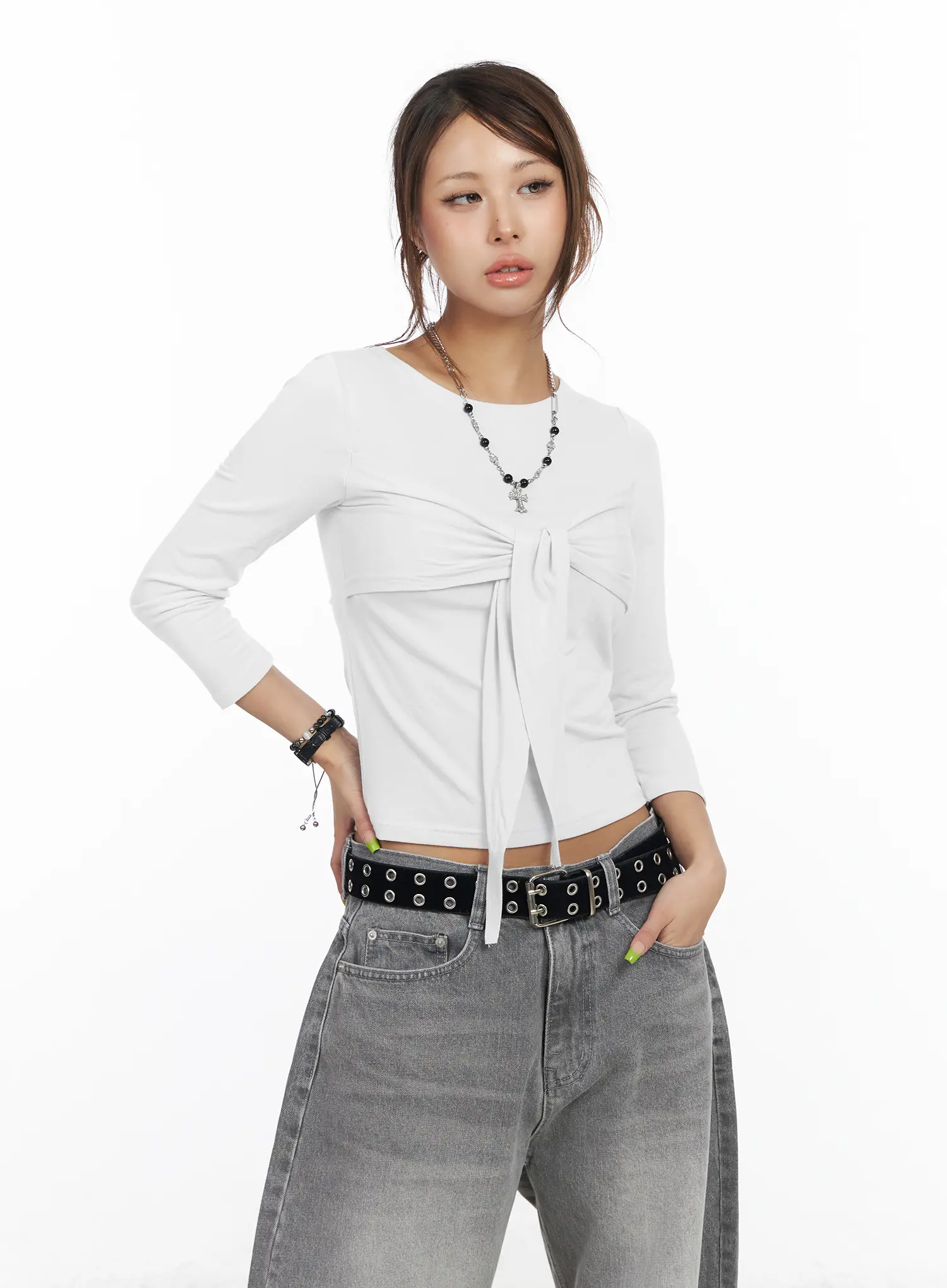 U-Neck Ribbon Tie 3/4 Sleeve Top CF511 - Image 6