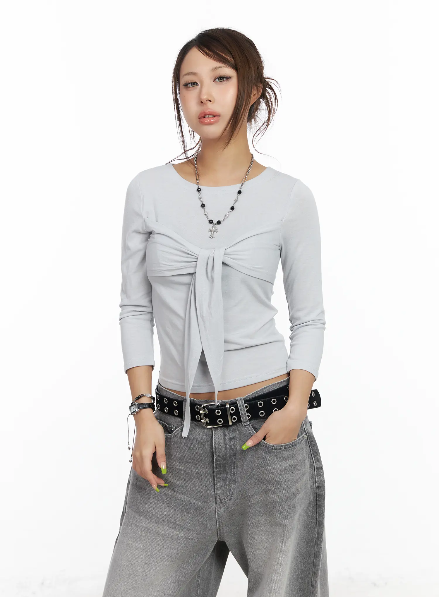 U-Neck Ribbon Tie 3/4 Sleeve Top CF511 - Image 8