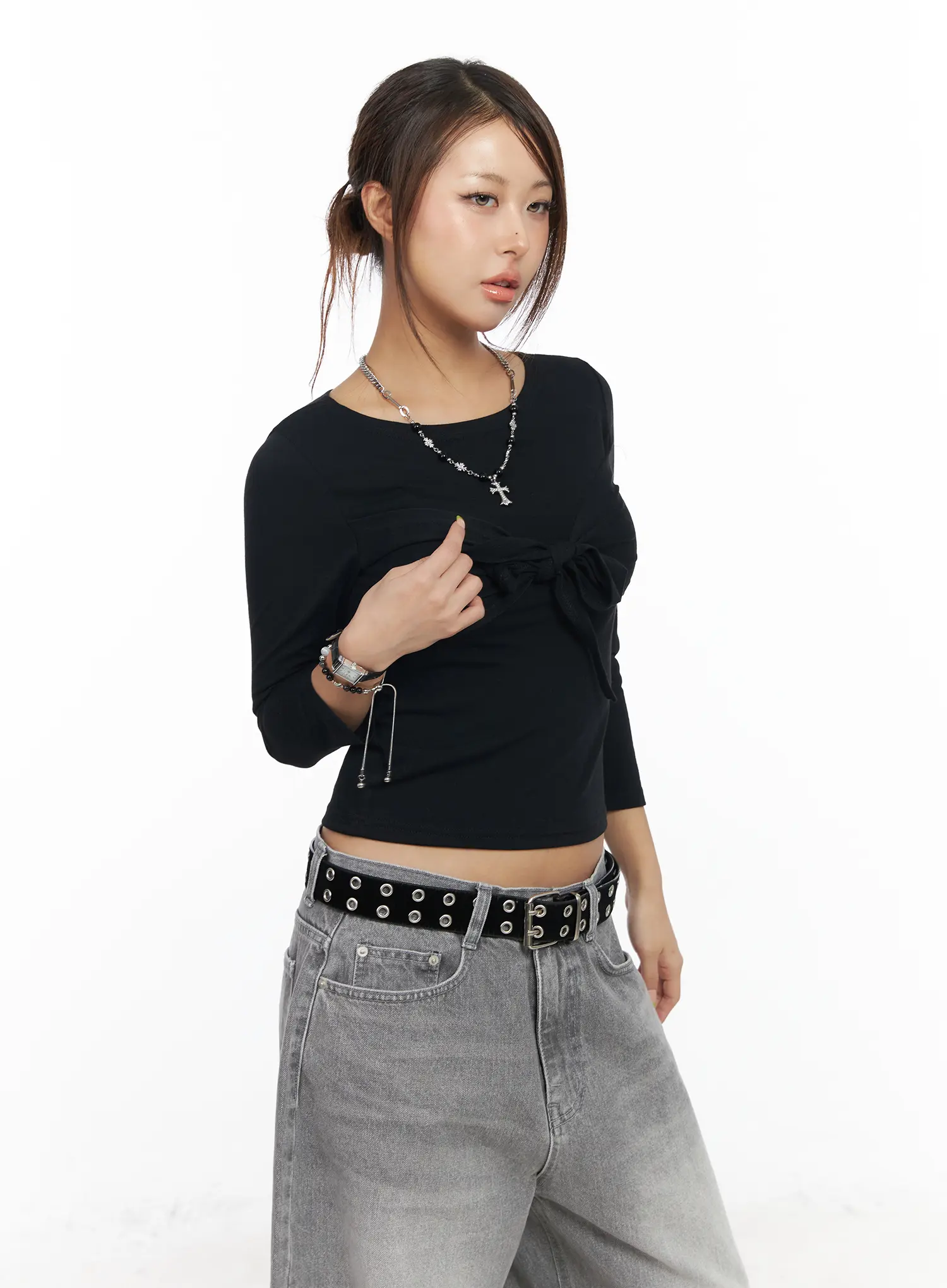U-Neck Ribbon Tie 3/4 Sleeve Top CF511 - Image 9