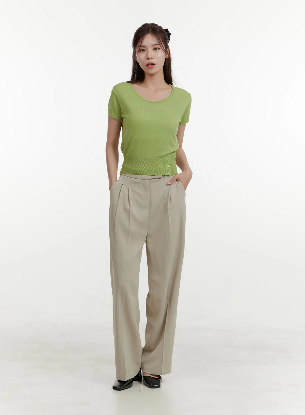 Unbalanced Buttoned Crop Knit Tee OY409 - Image 2