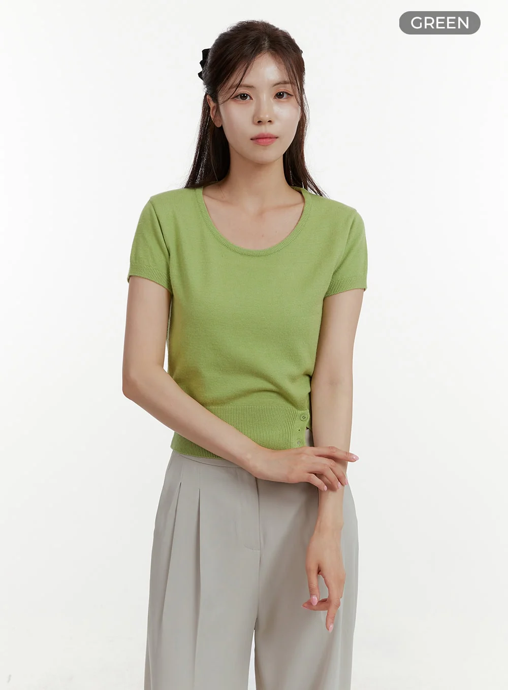 Unbalanced Buttoned Crop Knit Tee OY409 - Image 6