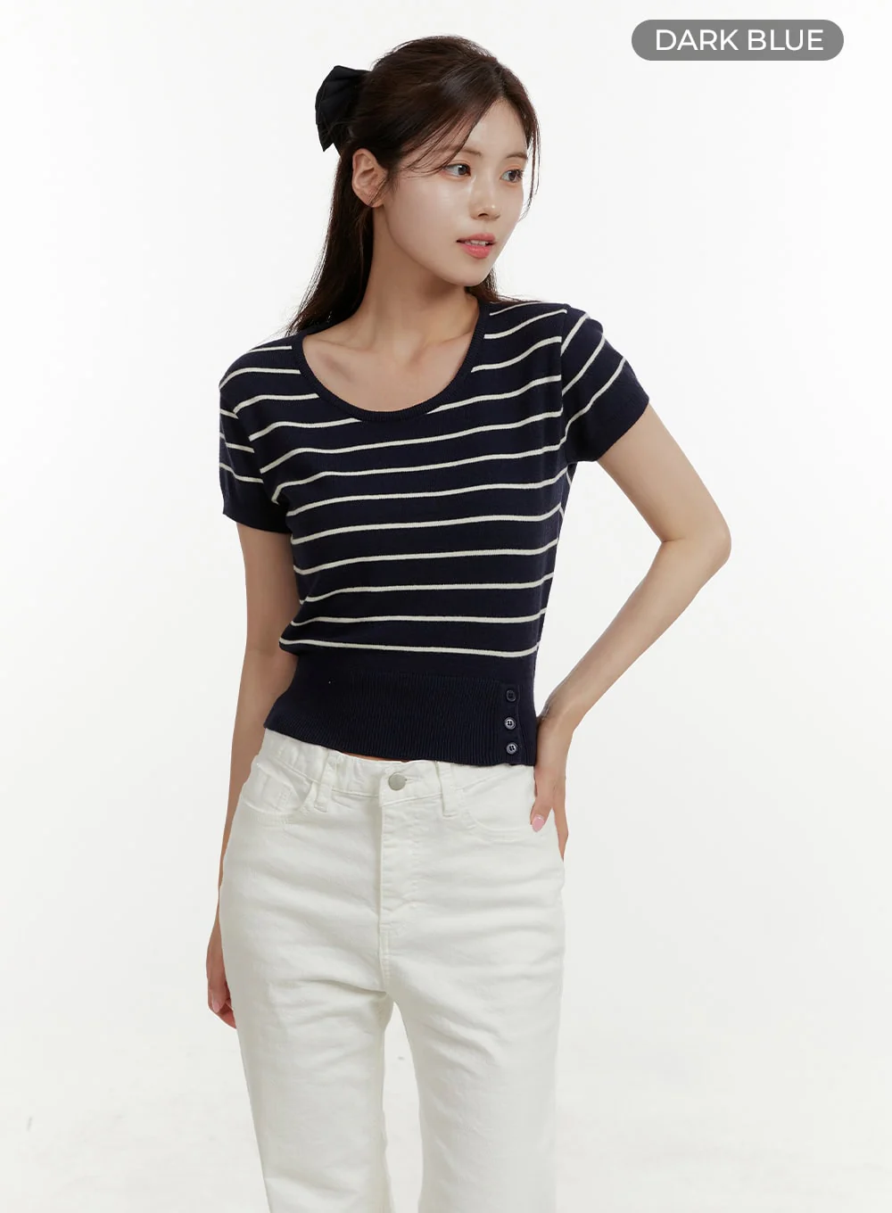 Unbalanced Buttoned Crop Knit Tee OY409 - Image 7