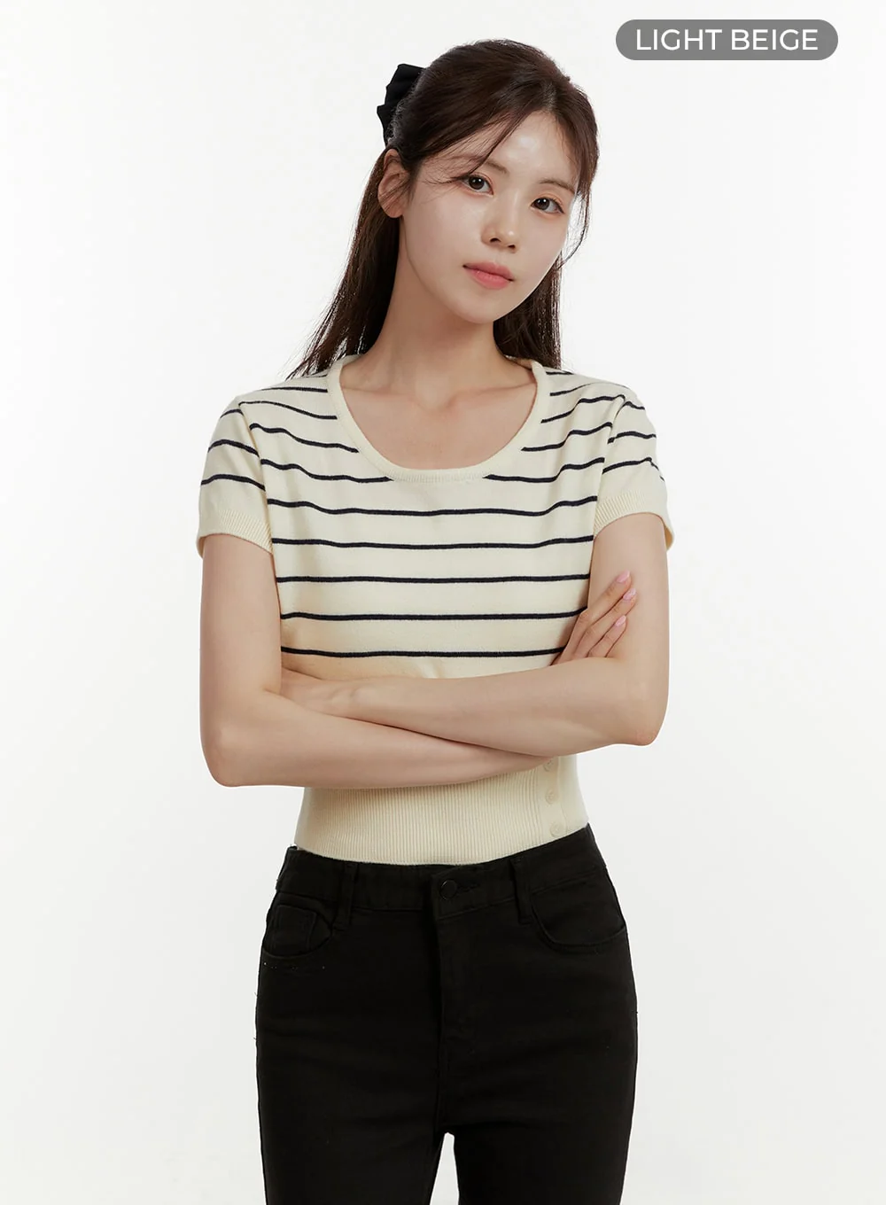 Unbalanced Buttoned Crop Knit Tee OY409 - Image 8