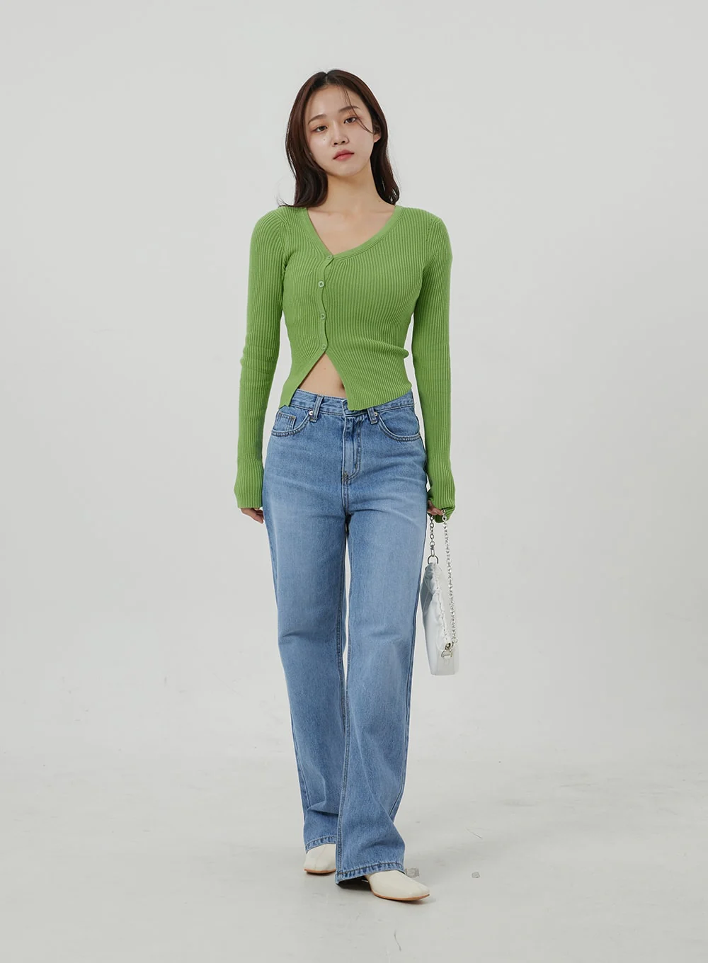 Unbalanced Ribbed Knit Button Cropped Top OJ319 - Image 9