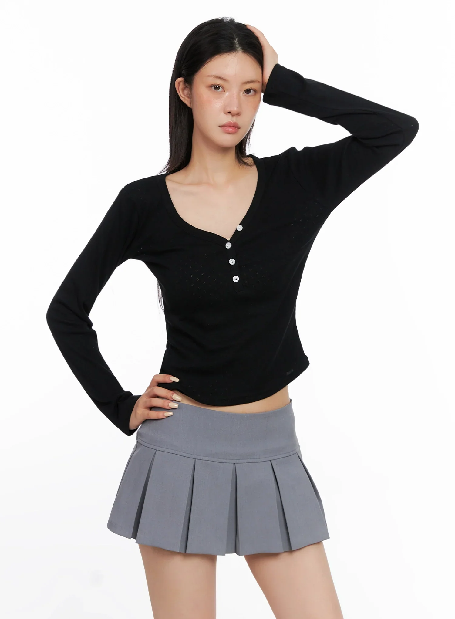 V-Neck Eyelet Long Sleeve Top IS515 - Image 11