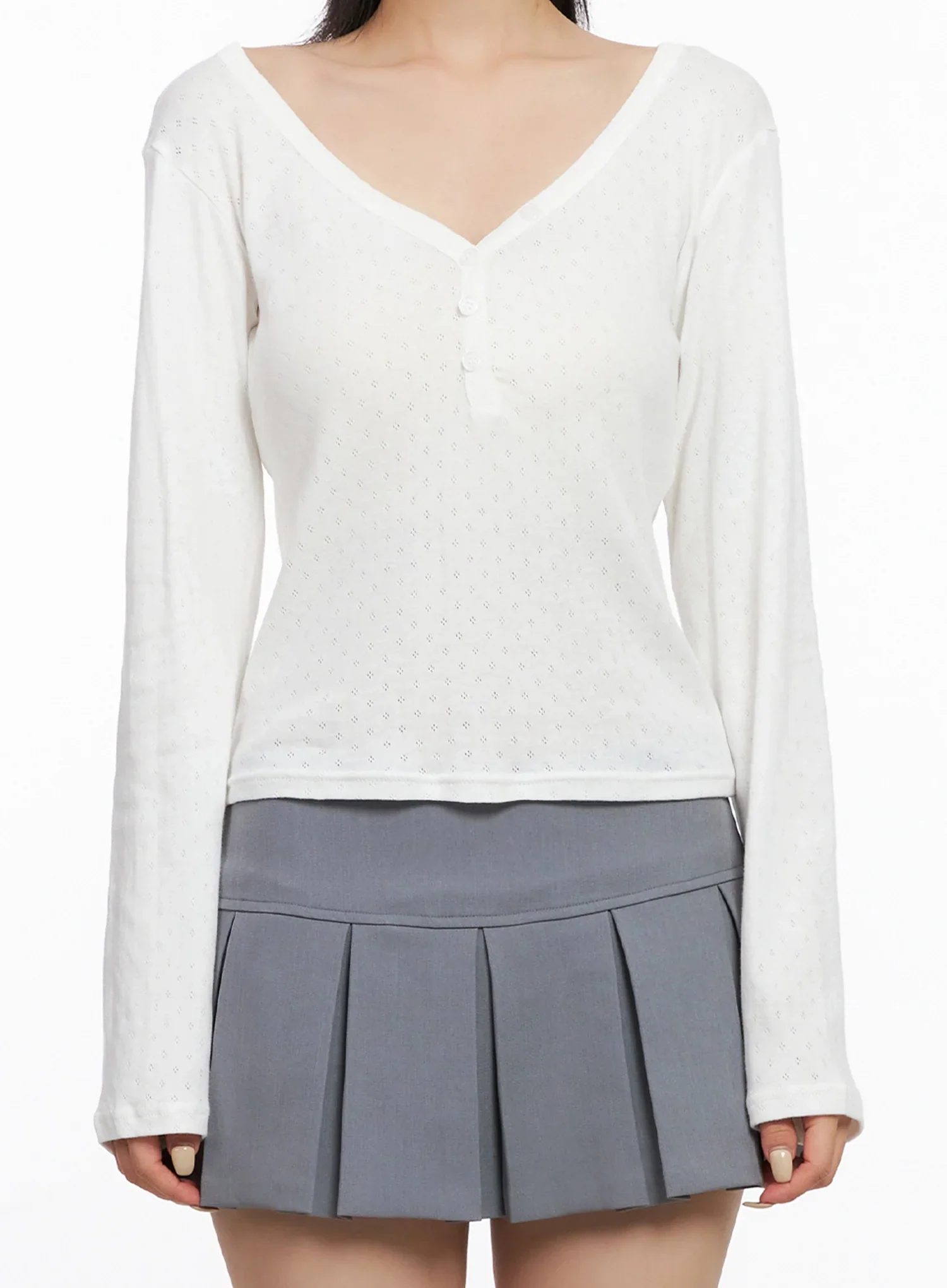 V-Neck Eyelet Long Sleeve Top IS515 - Image 3