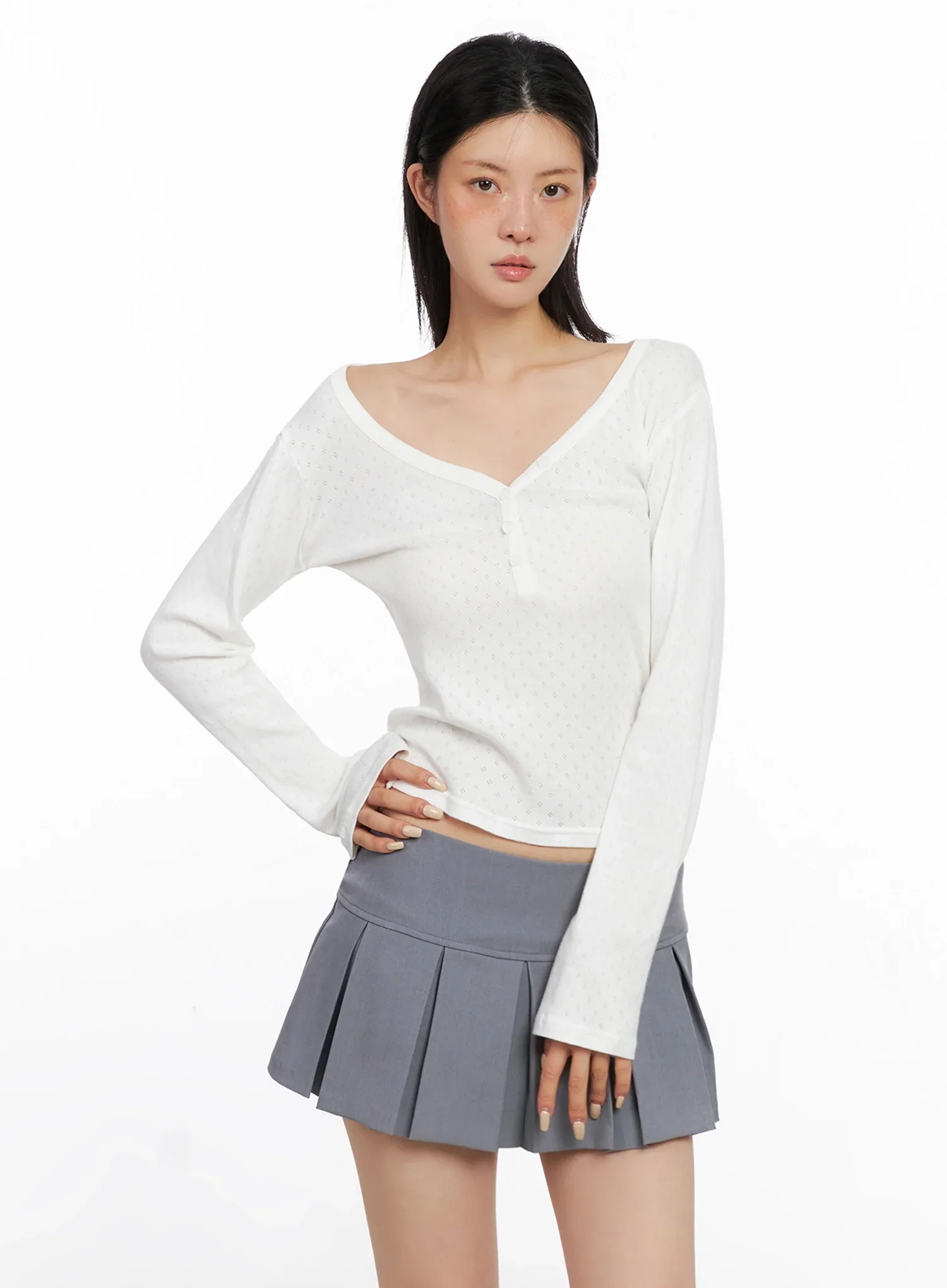 V-Neck Eyelet Long Sleeve Top IS515 - Image 4