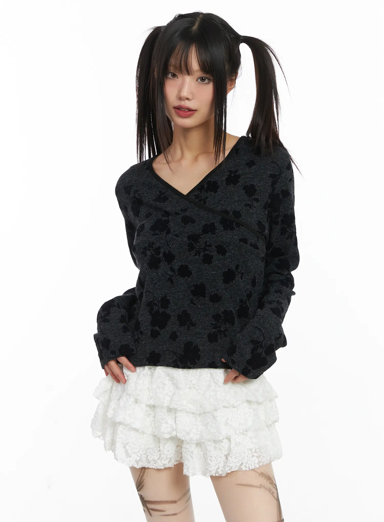 V-Neck Floral Wrap Long Sleeve Top CD518