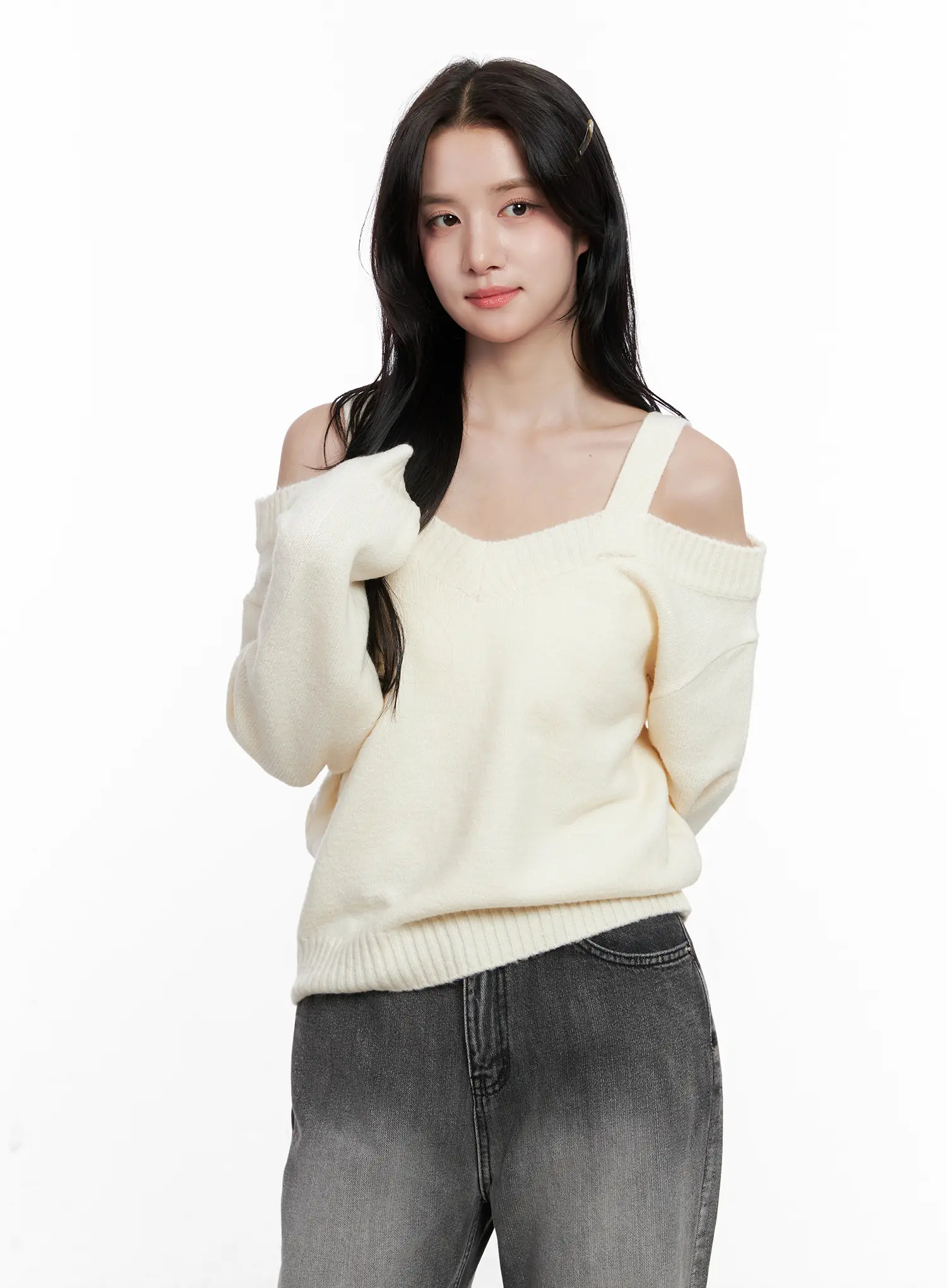 V-Neck Off-Shoulder Knit Sweater CO524 - Image 11