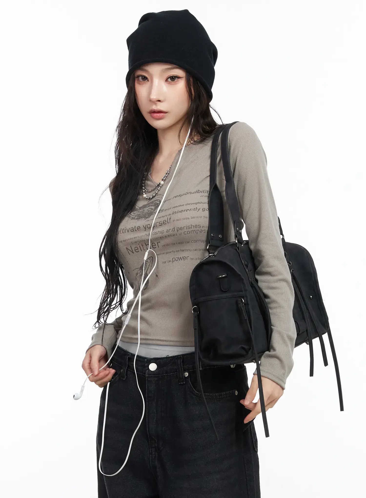 V-Neck Ribbed Graphic Long Sleeve Top CM519